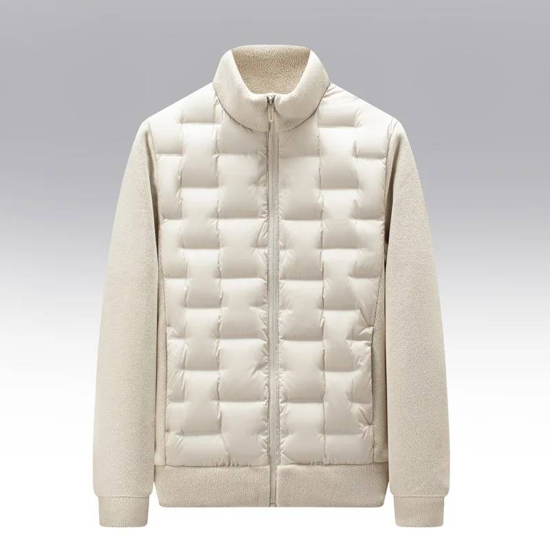 Off-white hybrid puffer jacket with quilted body and fleece sleeves laid flat, front view
