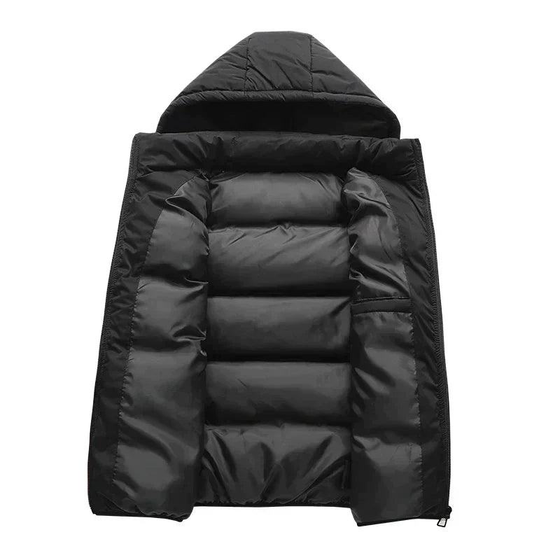 Black padded vest laid flat with the front zip open