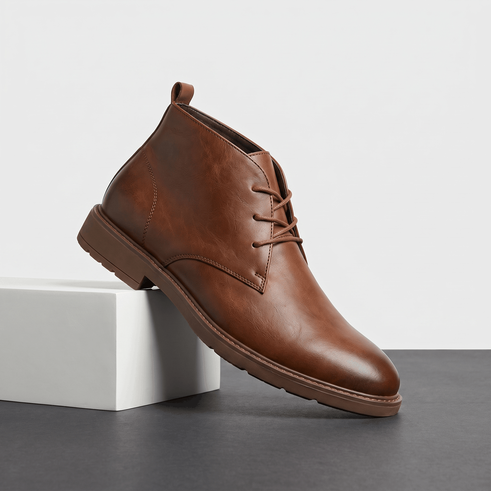 Brown leather lace-up ankle boot displayed on a white pedestal.