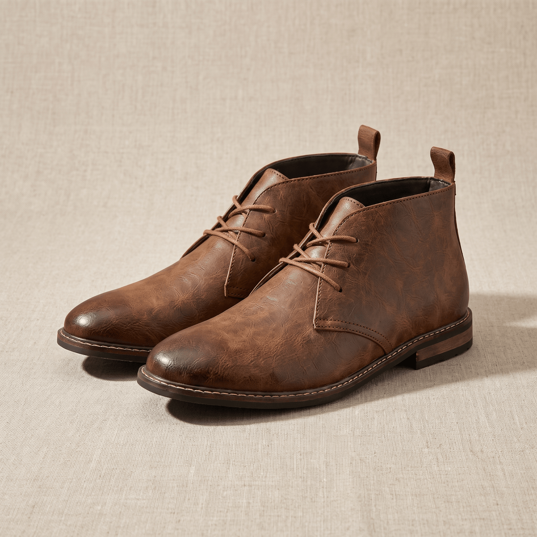 Pair of brown leather lace-up ankle boots on a neutral background.