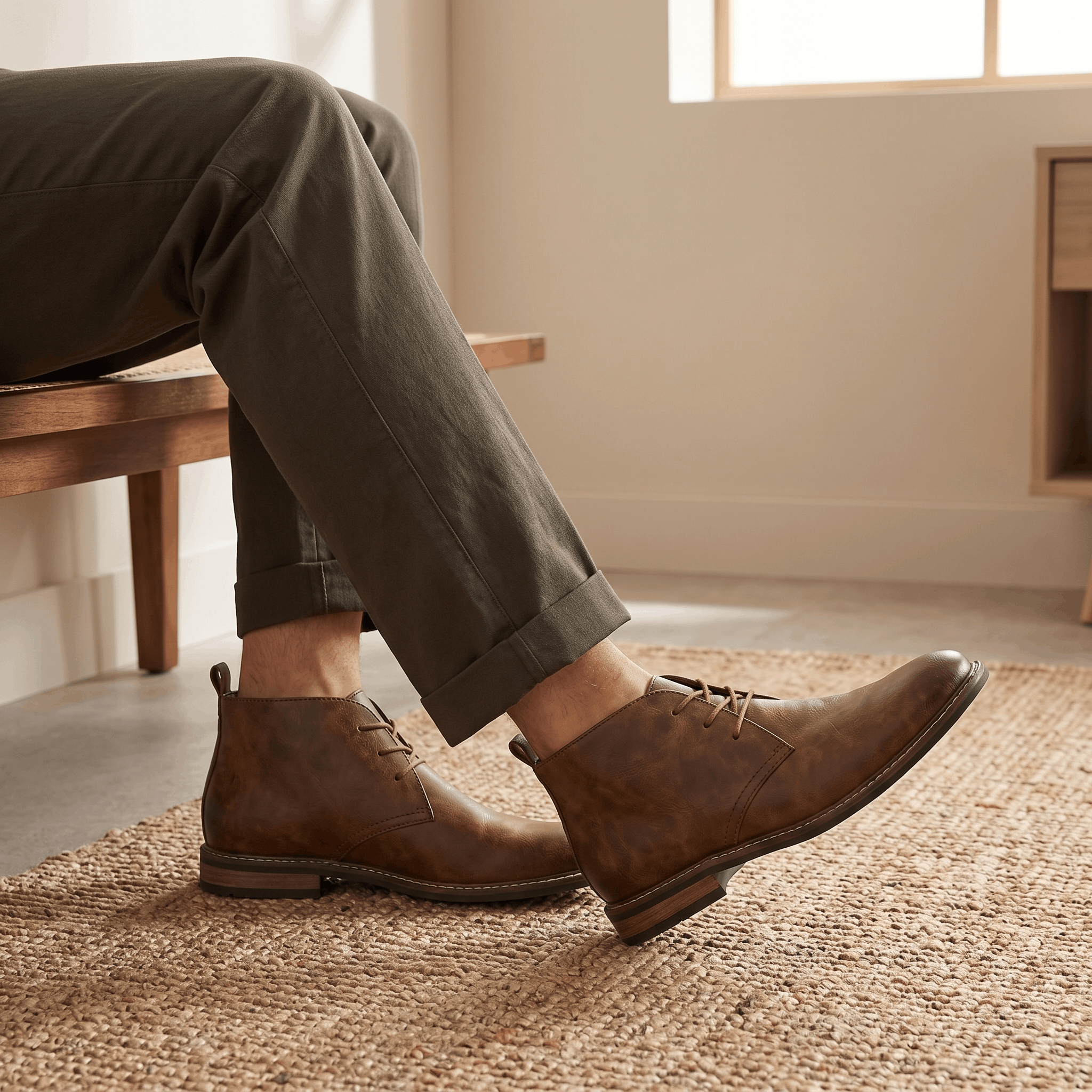Person wearing brown leather ankle boots while seated.