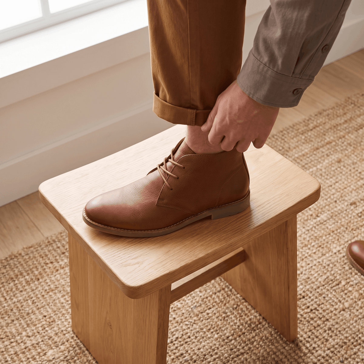 Close-up of brown leather ankle boot being put on while seated on a wooden stool.