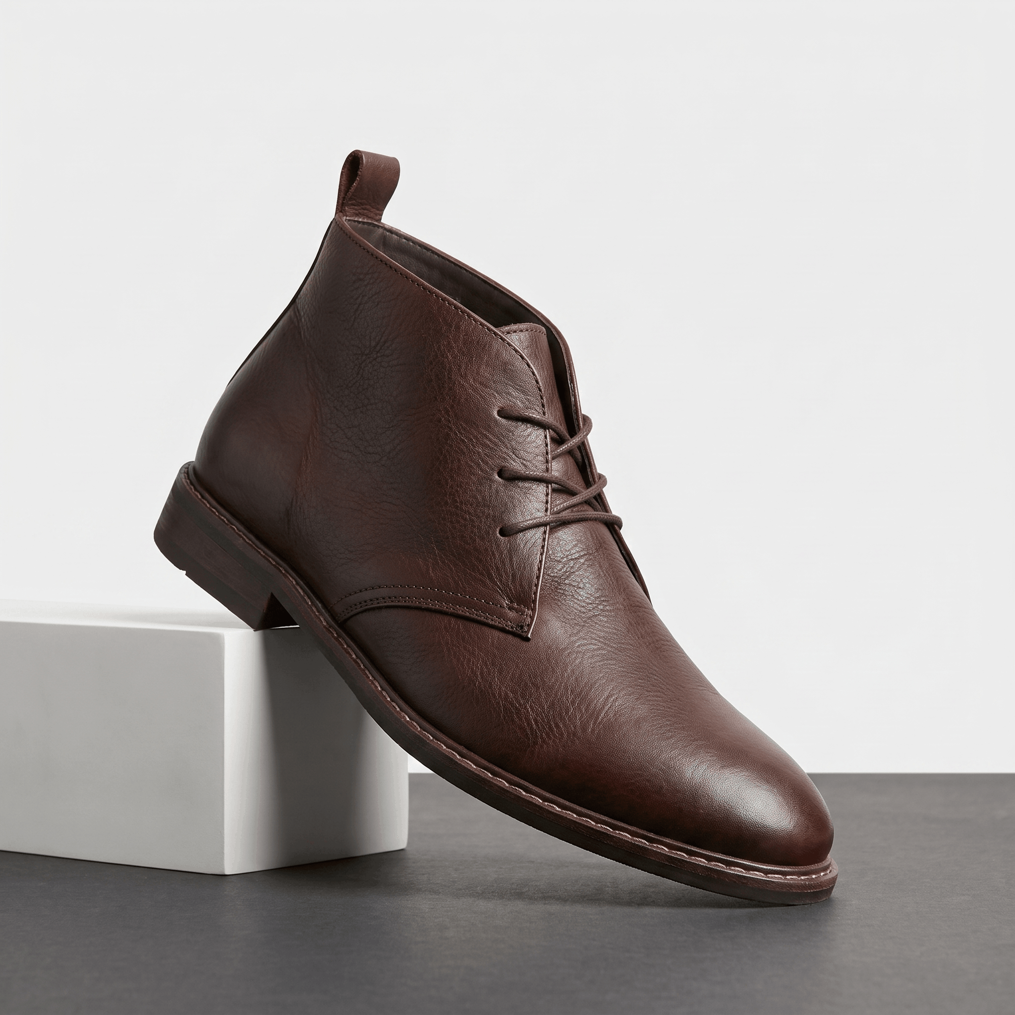 Single dark brown leather lace-up ankle boot displayed on a white pedestal.