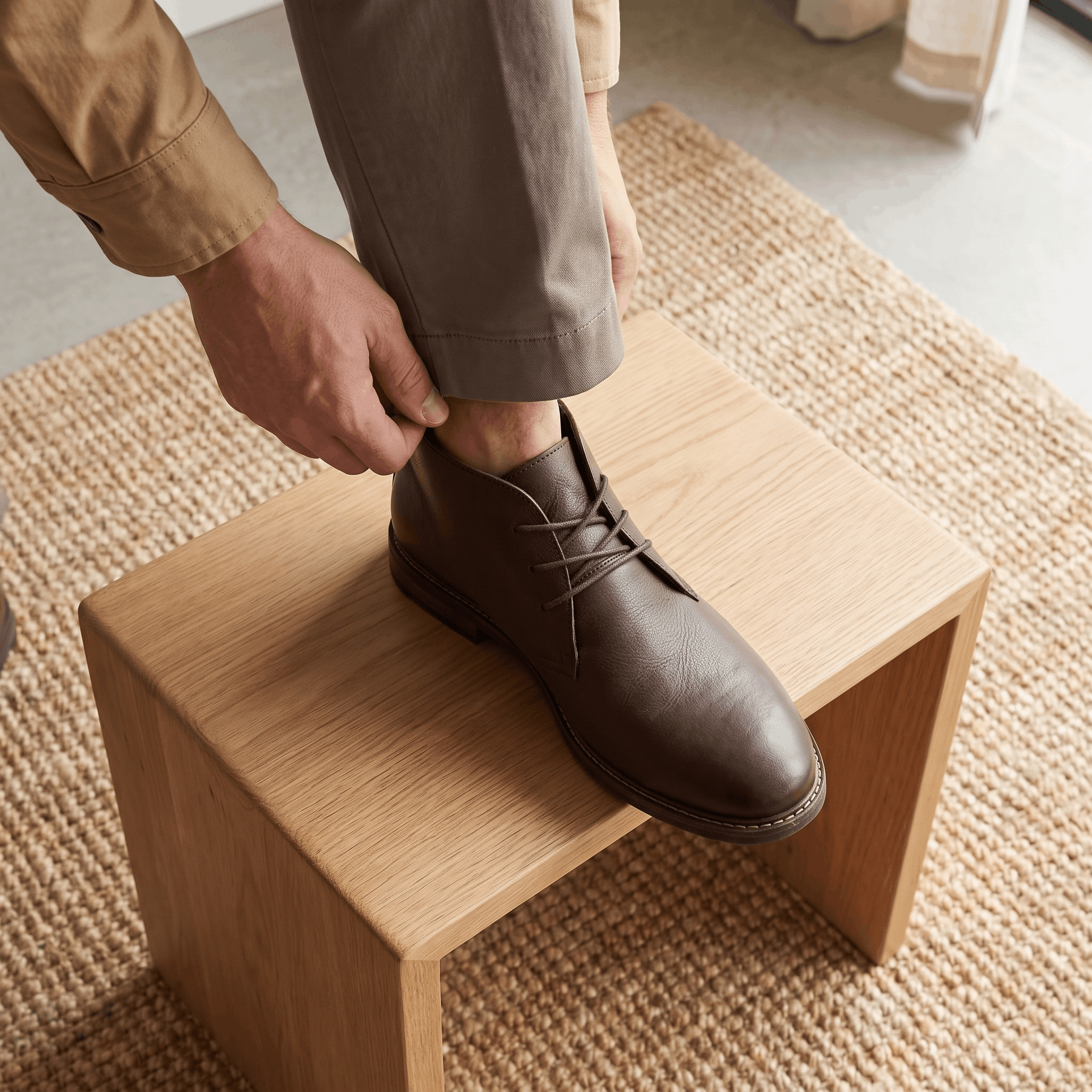 Person adjusting a dark brown leather ankle boot while seated on a wooden stool.