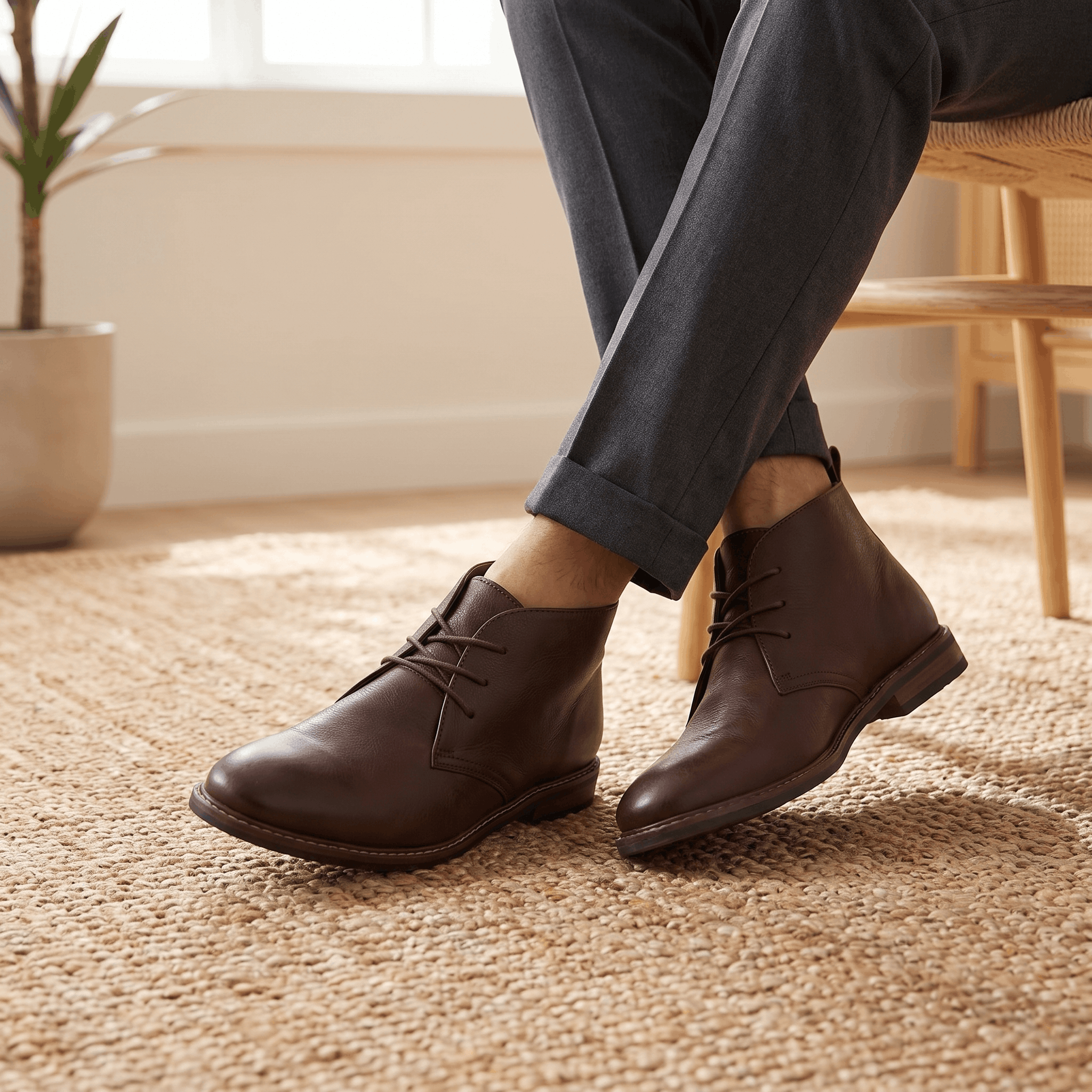Close-up of dark brown leather ankle boots worn with dark trousers.