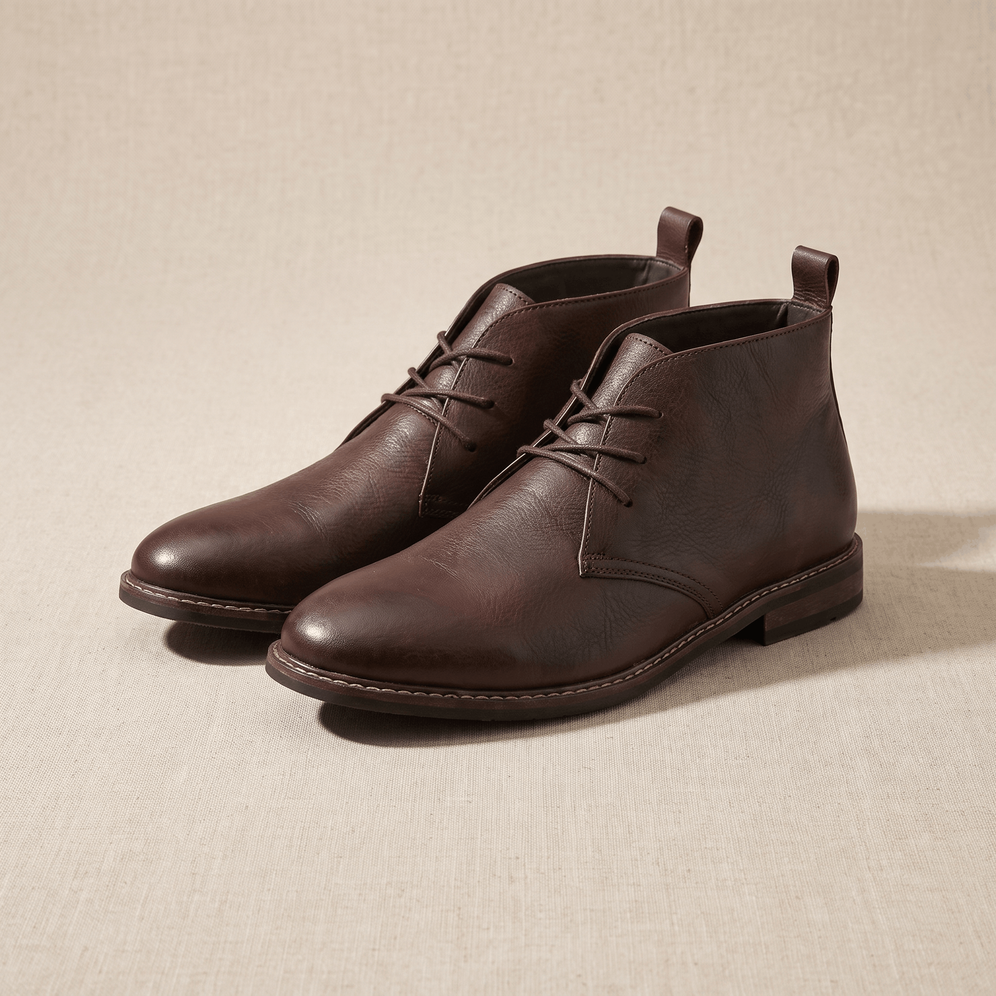 Pair of dark brown leather lace-up ankle boots on a neutral background.