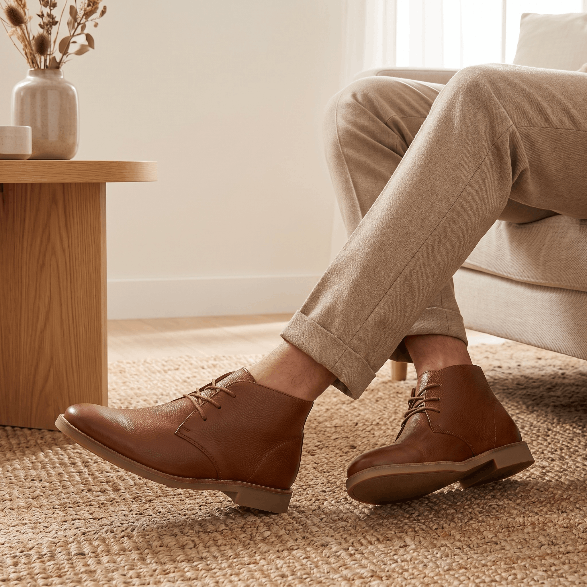 Light brown leather ankle boots photographed from a side angle.