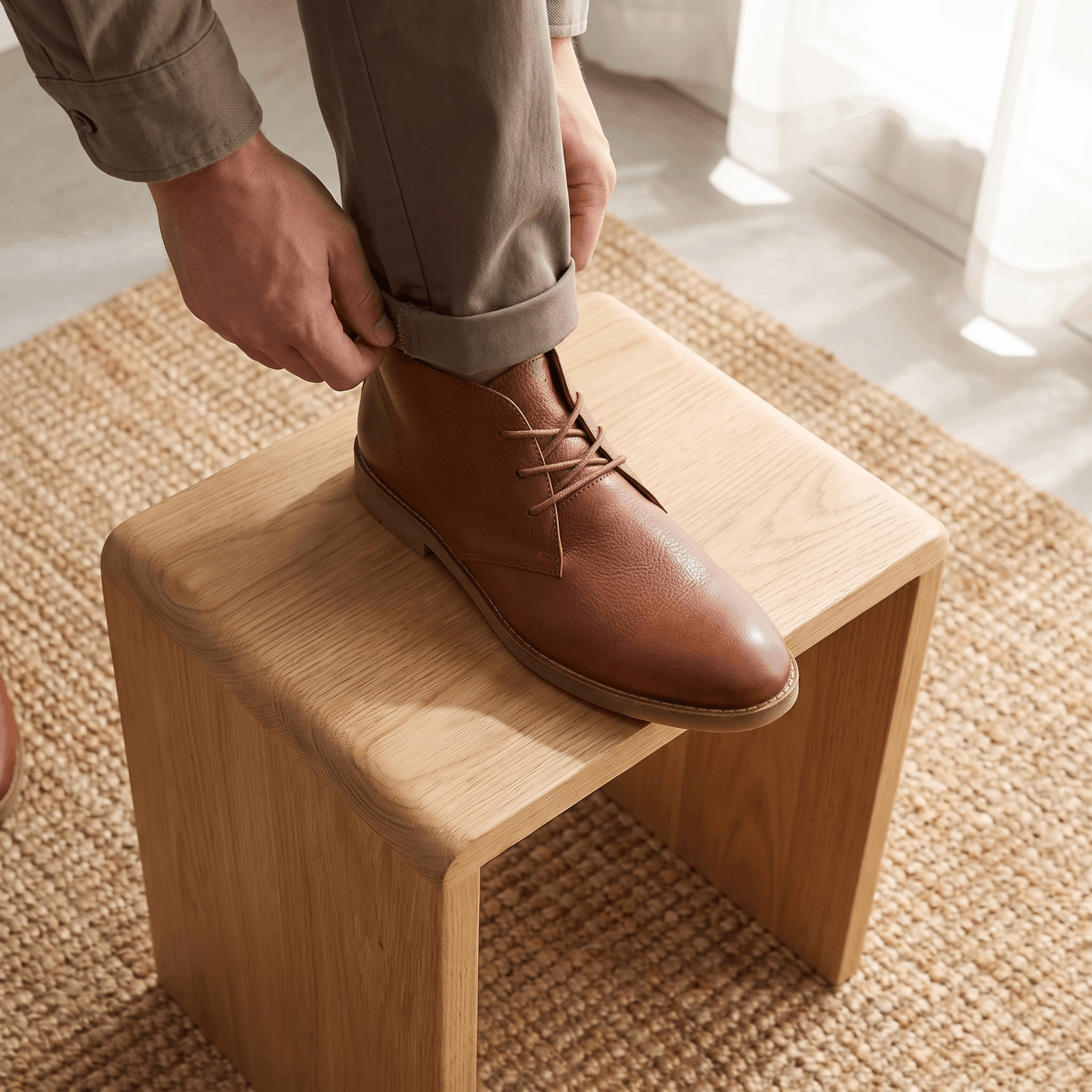 Light brown leather ankle boots worn with beige trousers in a lifestyle setting.