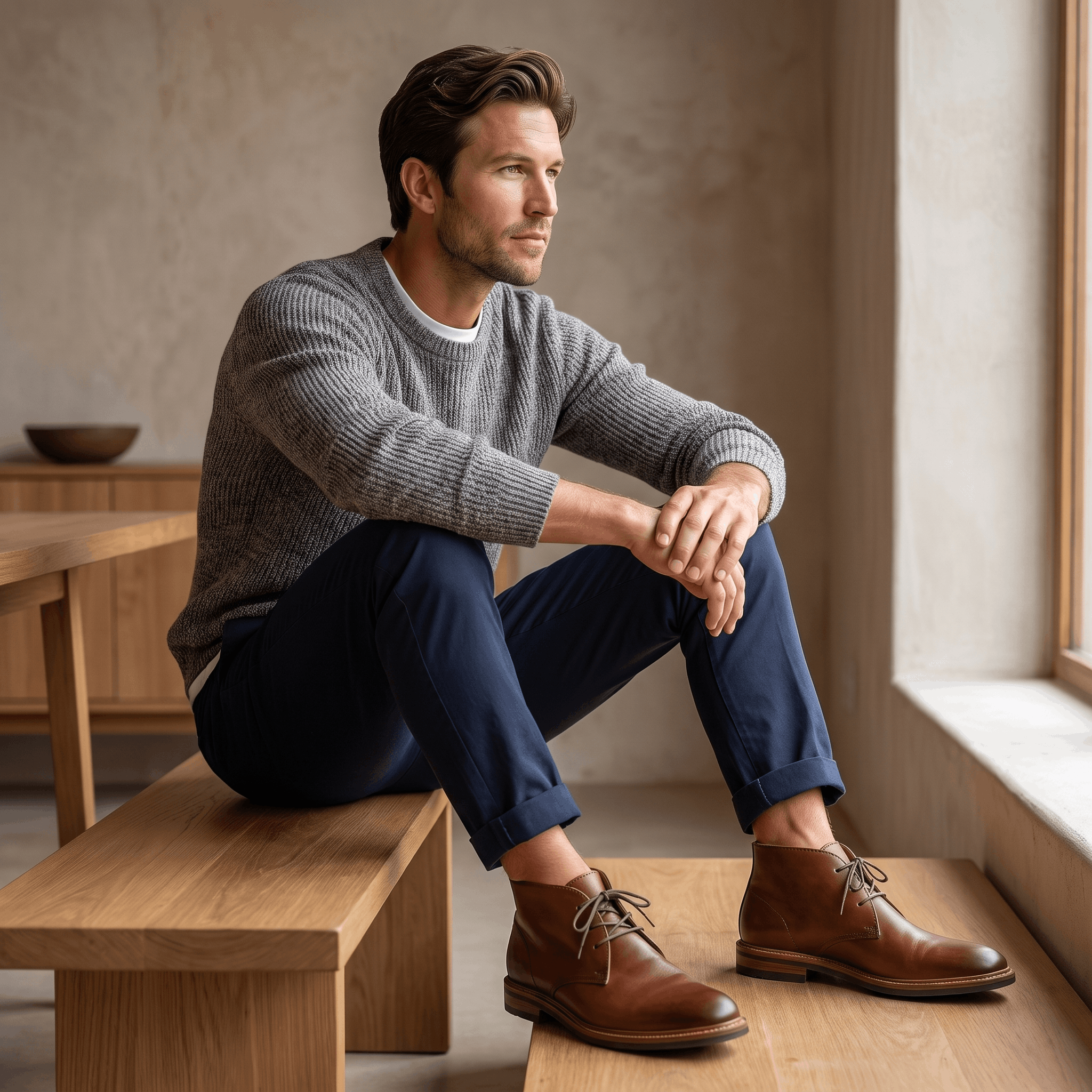 Close-up of a person wearing light brown leather ankle boots while seated.