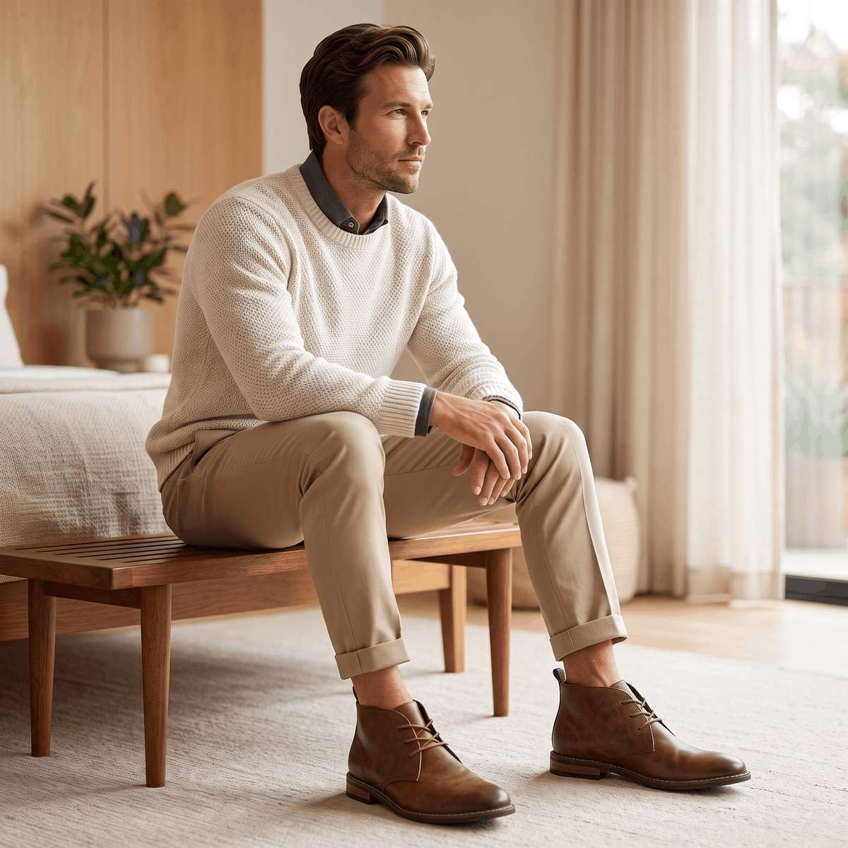 Man wearing light brown leather ankle boots while sitting in a modern room.