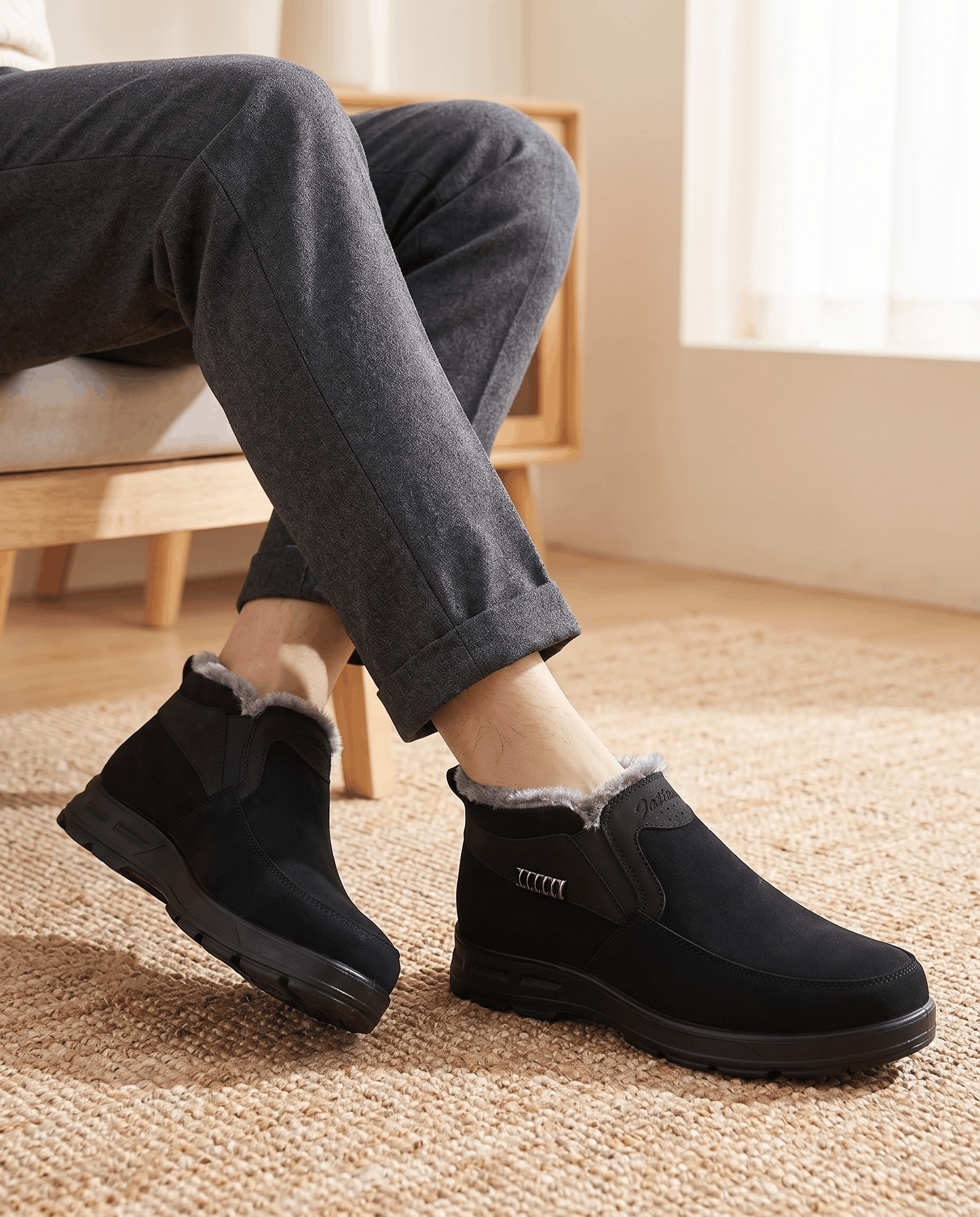 Person wearing black fleece-lined slip-on ankle boots with dark pants indoors.