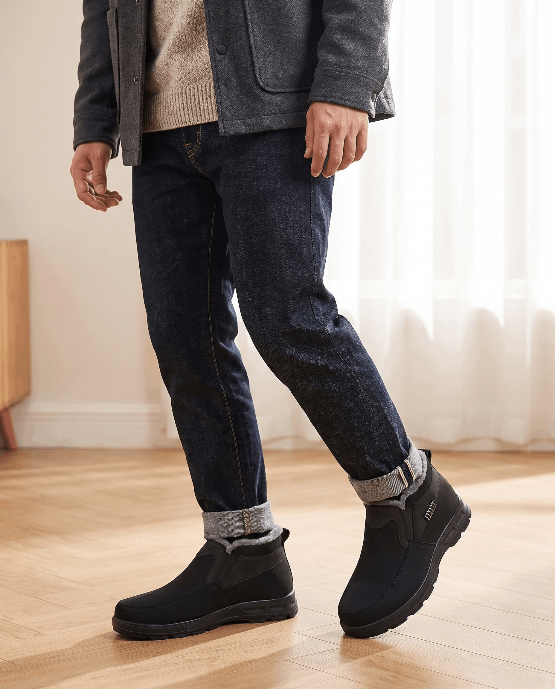 Man wearing black ankle boots with dark jeans in a minimalist setting.