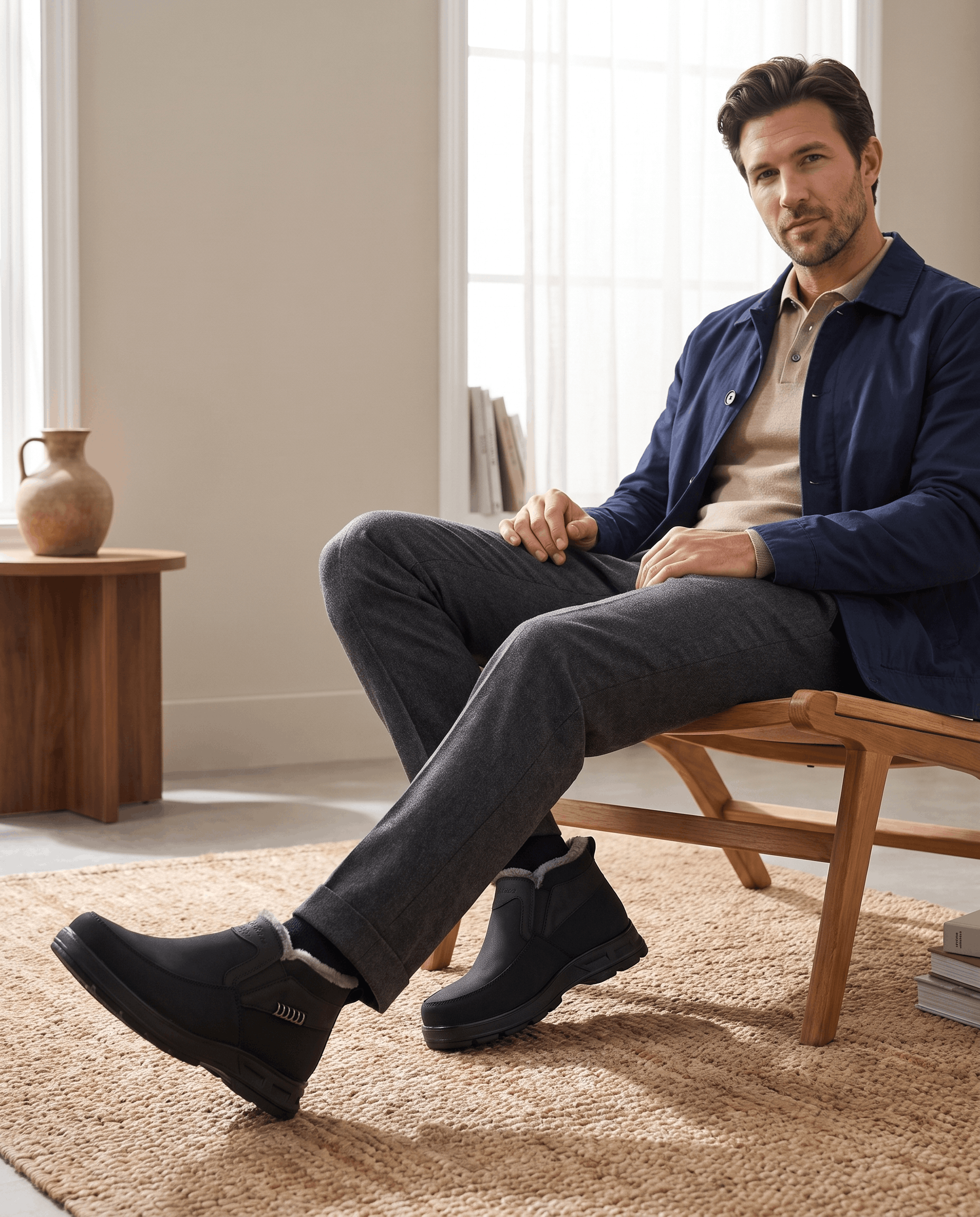 Man wearing black fleece-lined ankle boots with a navy jacket and dark pants.