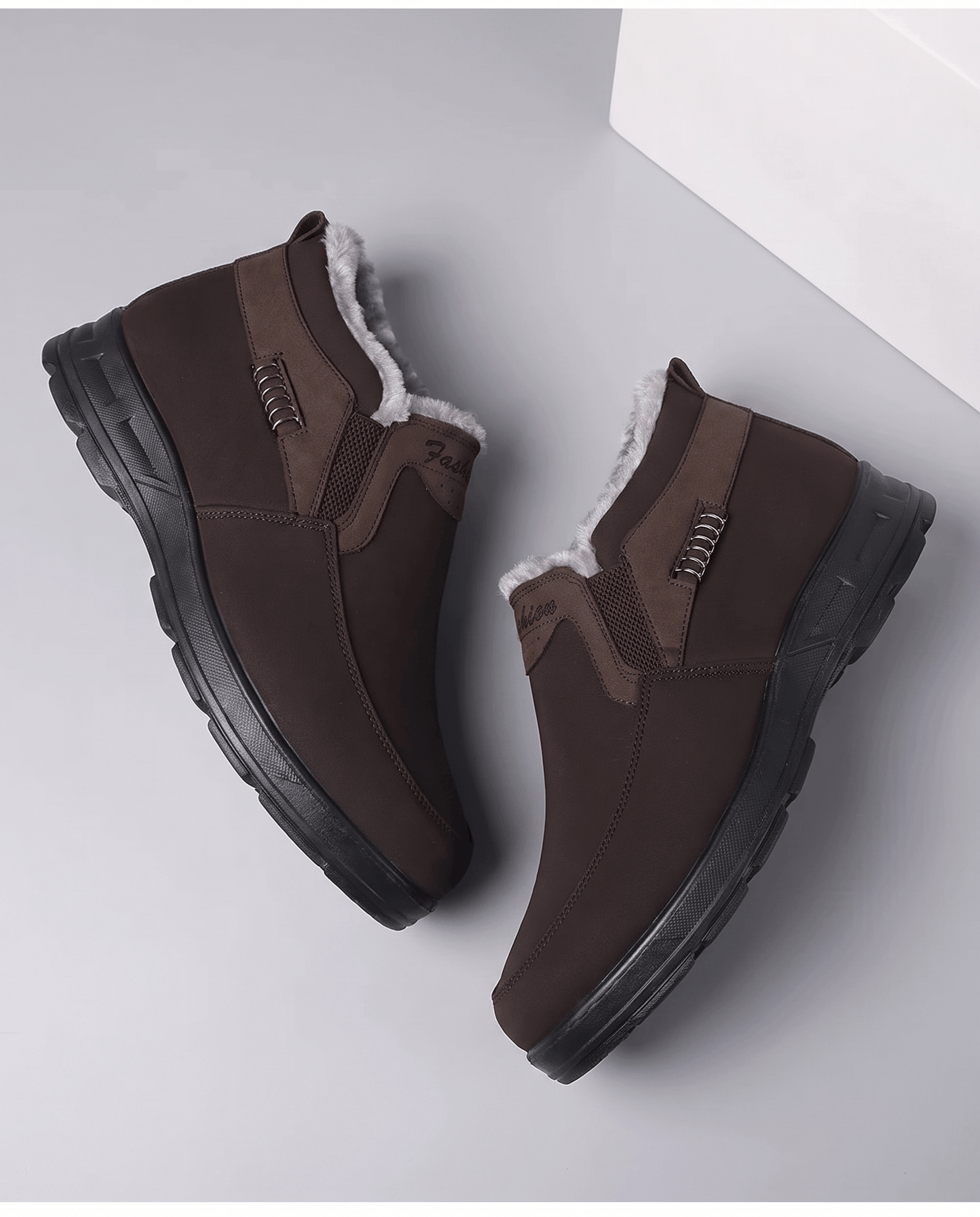 Brown fleece-lined ankle boots shown from above on a neutral background.