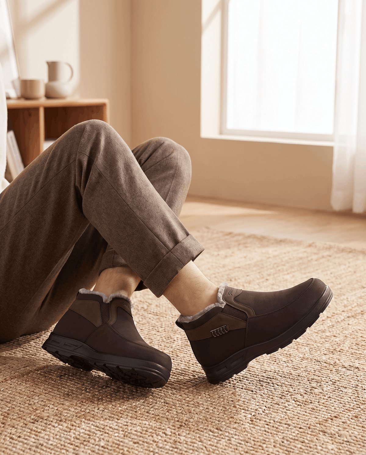 Person wearing brown fleece-lined ankle boots with beige pants indoors.