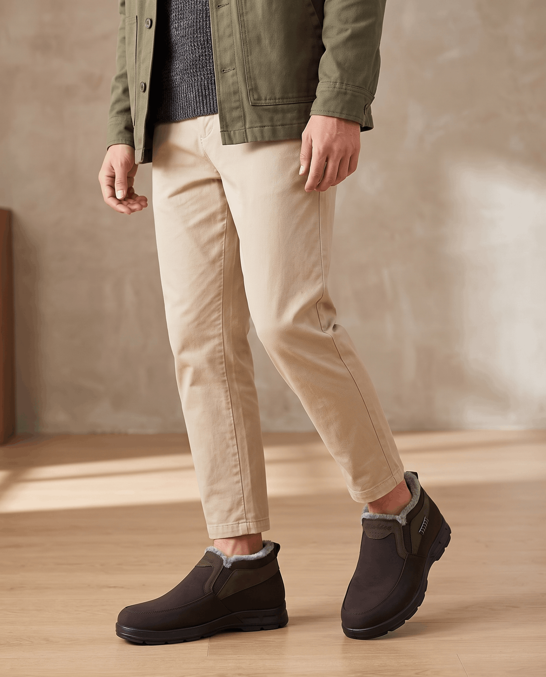 Person wearing brown ankle boots with light trousers in a minimalist setting.