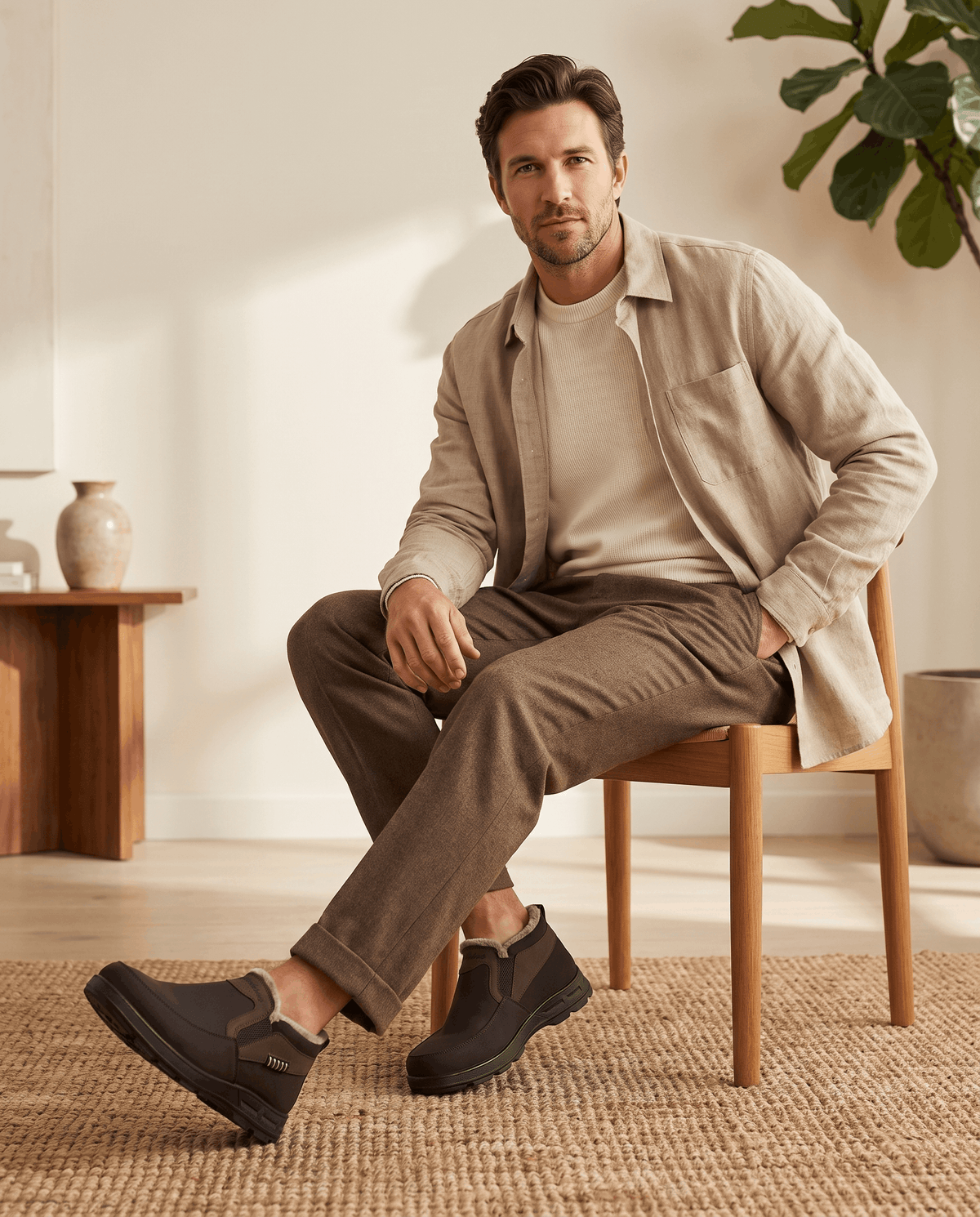 Man wearing brown fleece-lined ankle boots with a beige outfit while seated indoors.