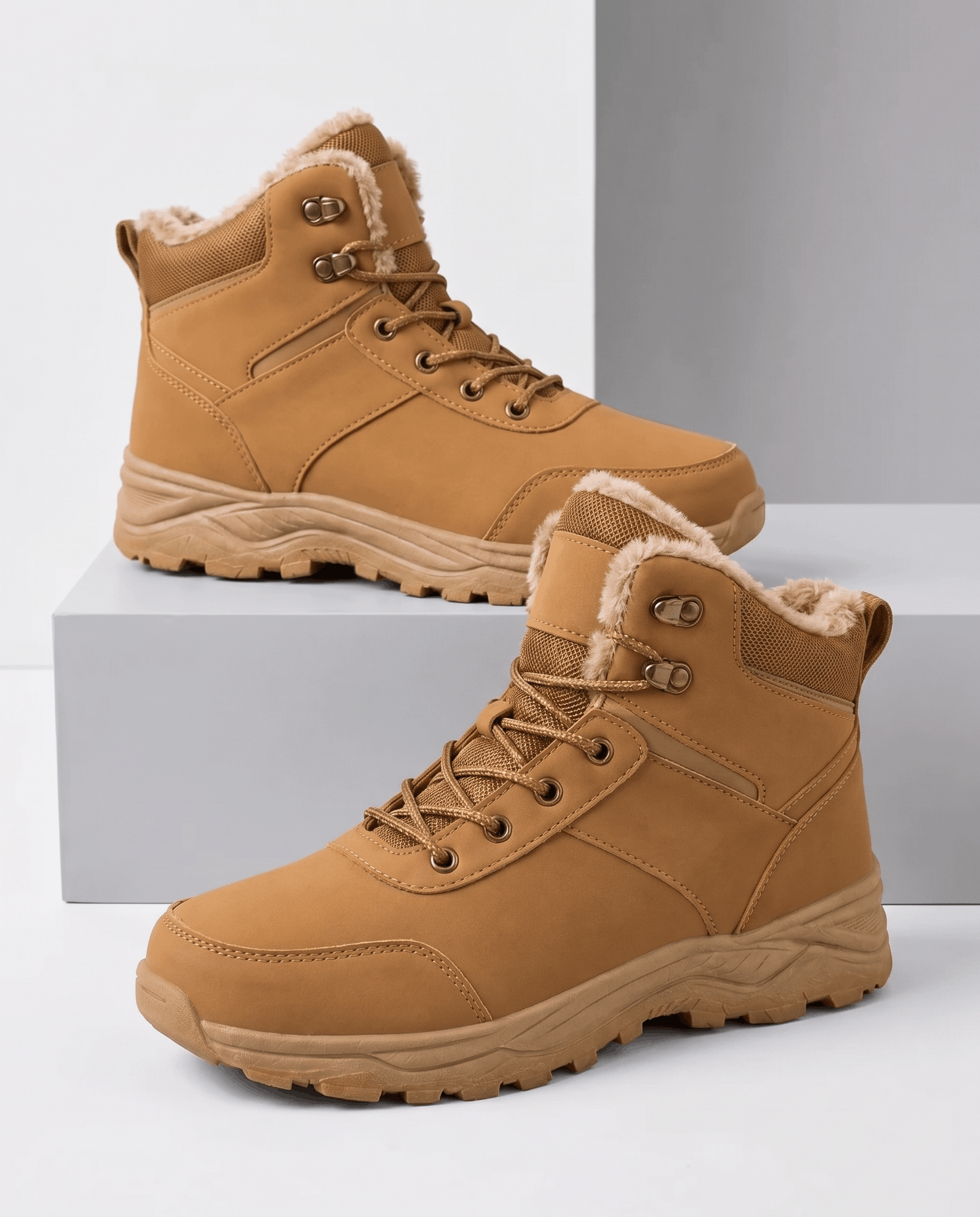 Tan insulated lace-up winter boots with padded collars and rugged lug soles displayed on white blocks.