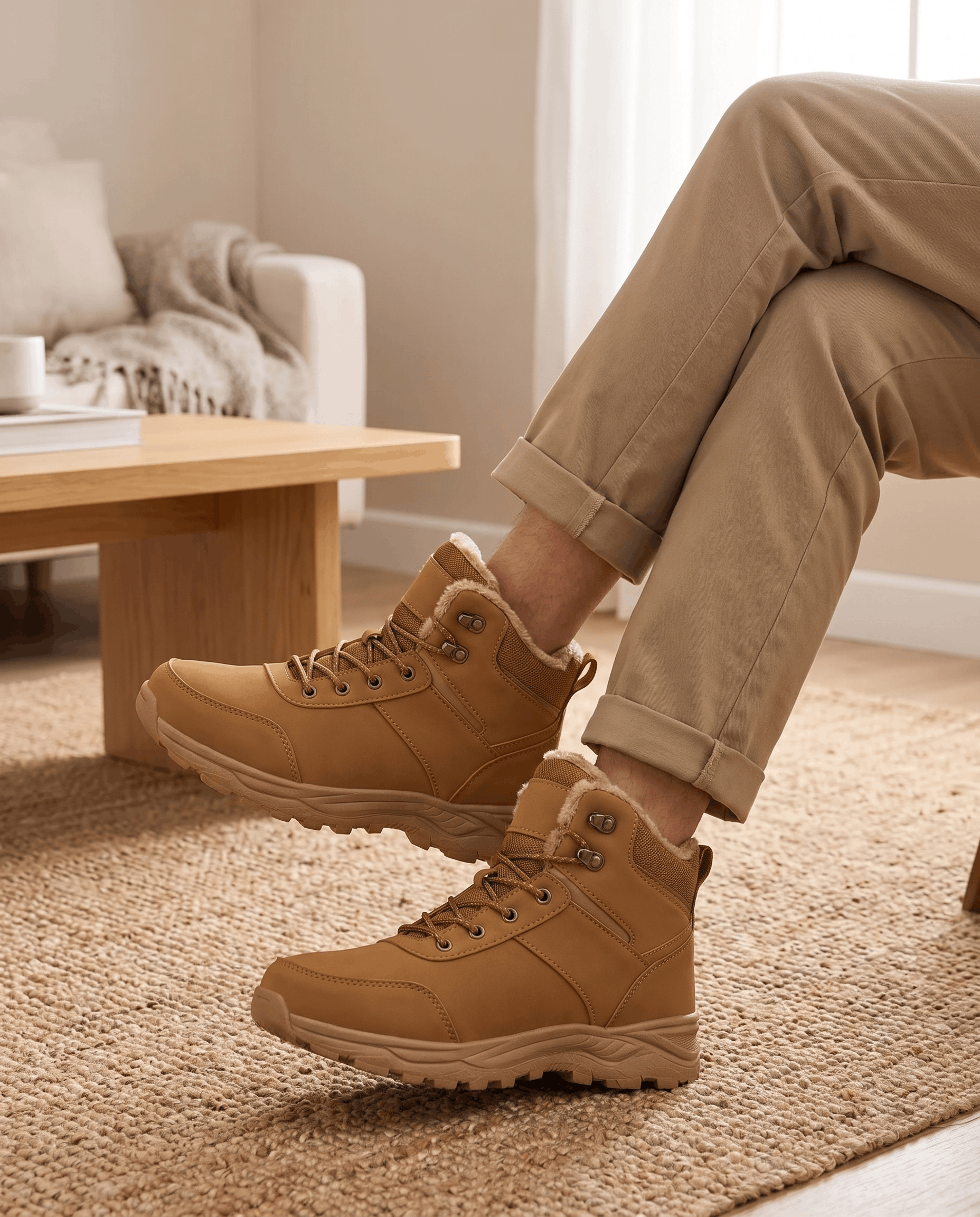 Person wearing tan insulated winter boots with beige trousers indoors.