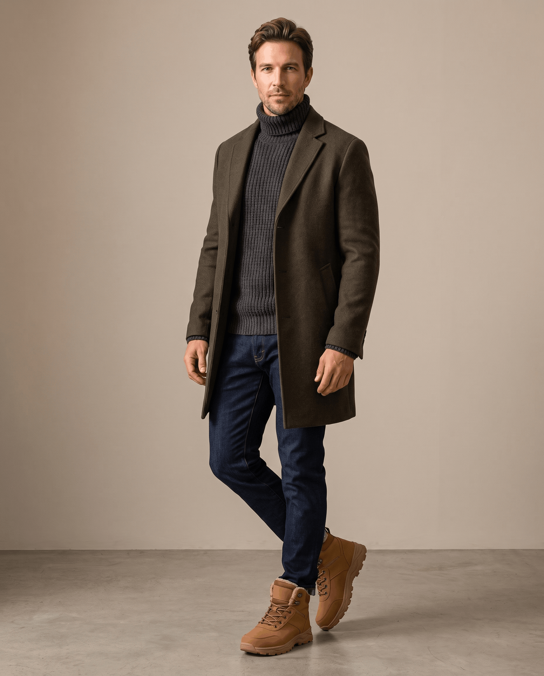 Man wearing tan winter boots with a dark coat and blue jeans.