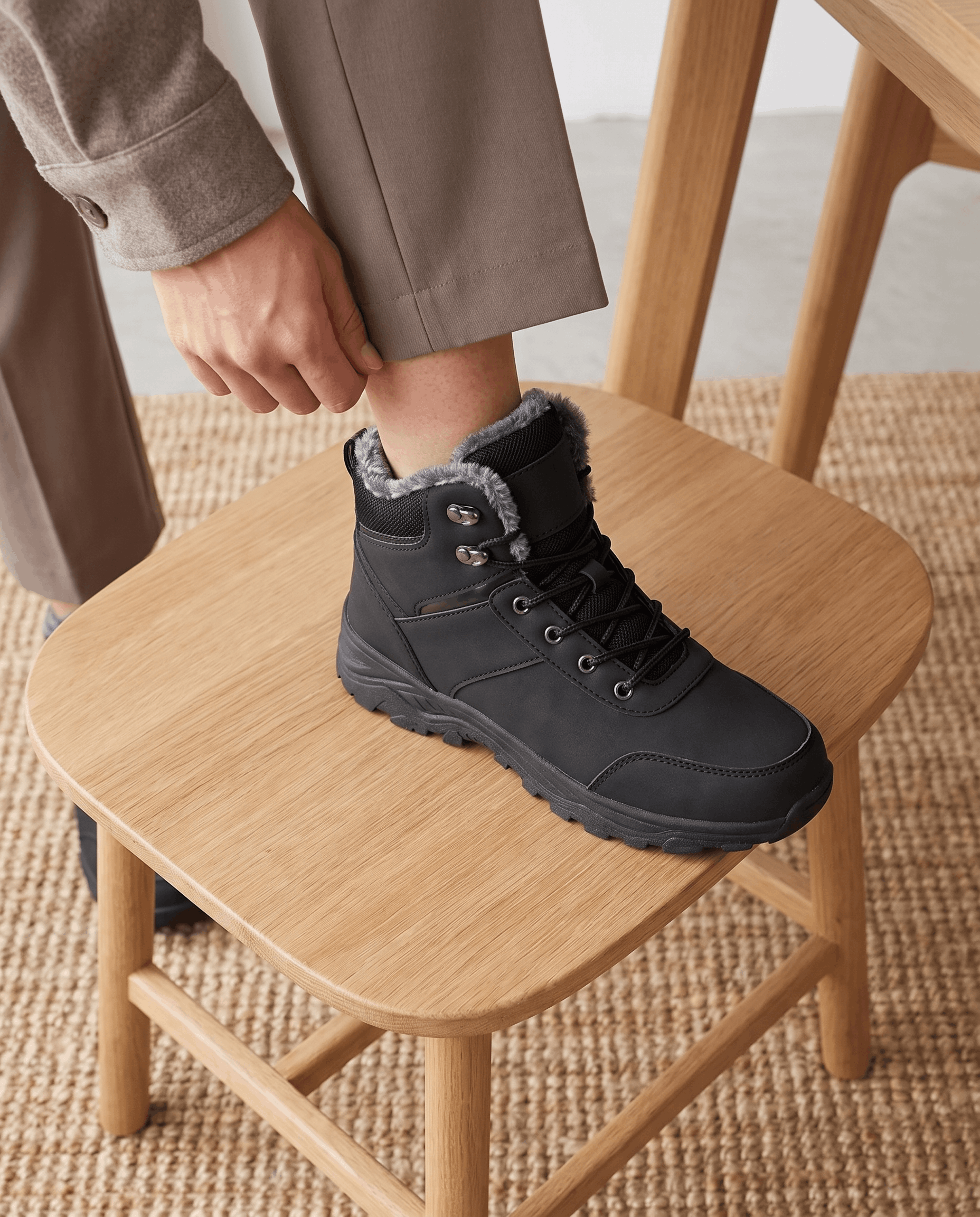 Person placing a black winter boot on a wooden stool.