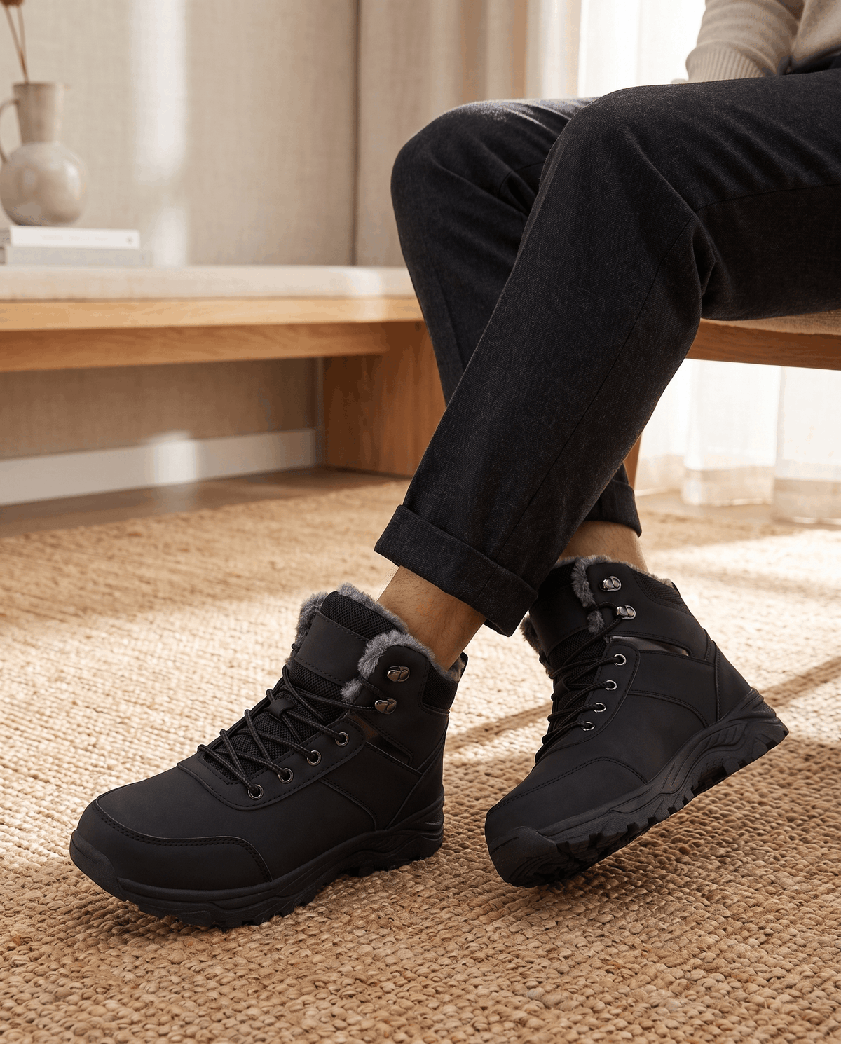 Person wearing black insulated winter boots with dark pants indoors.