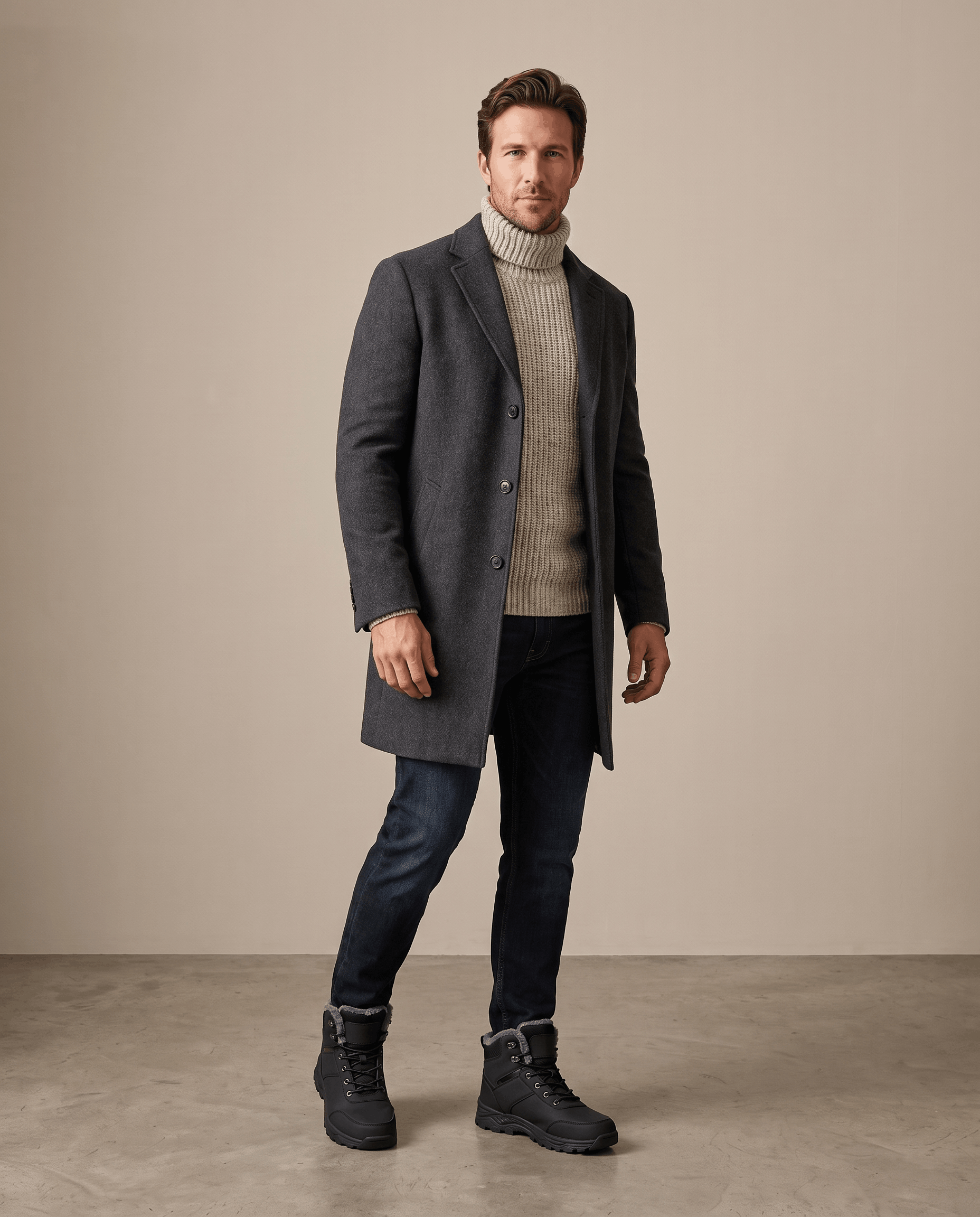 Man wearing black winter boots with a long dark coat and jeans.