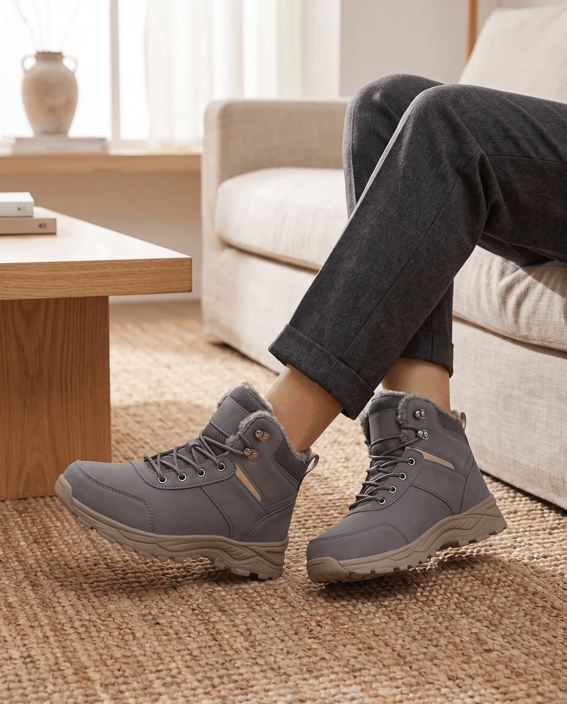Person wearing gray insulated winter boots with dark pants indoors.