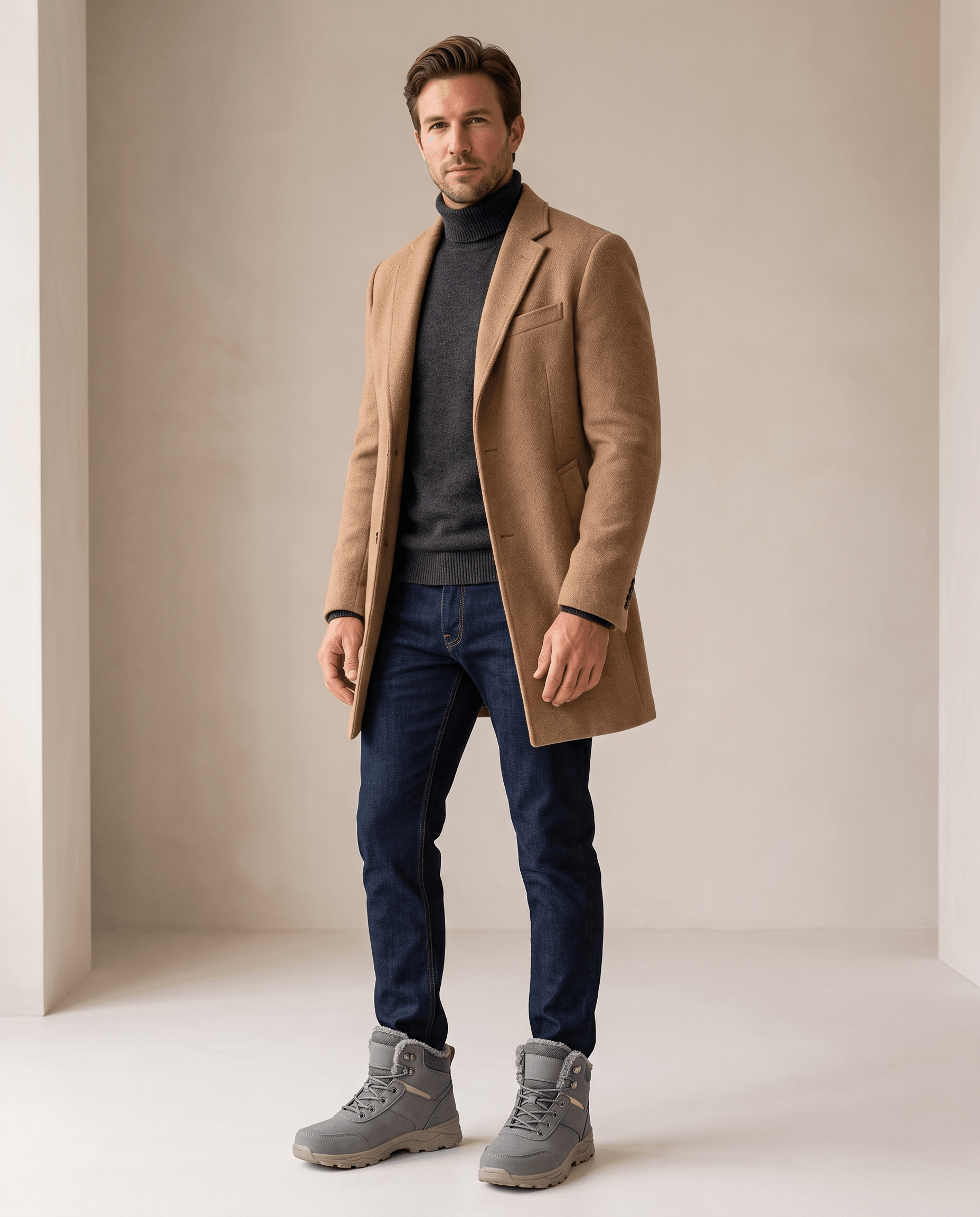 Man wearing gray winter boots with a brown coat and blue jeans.