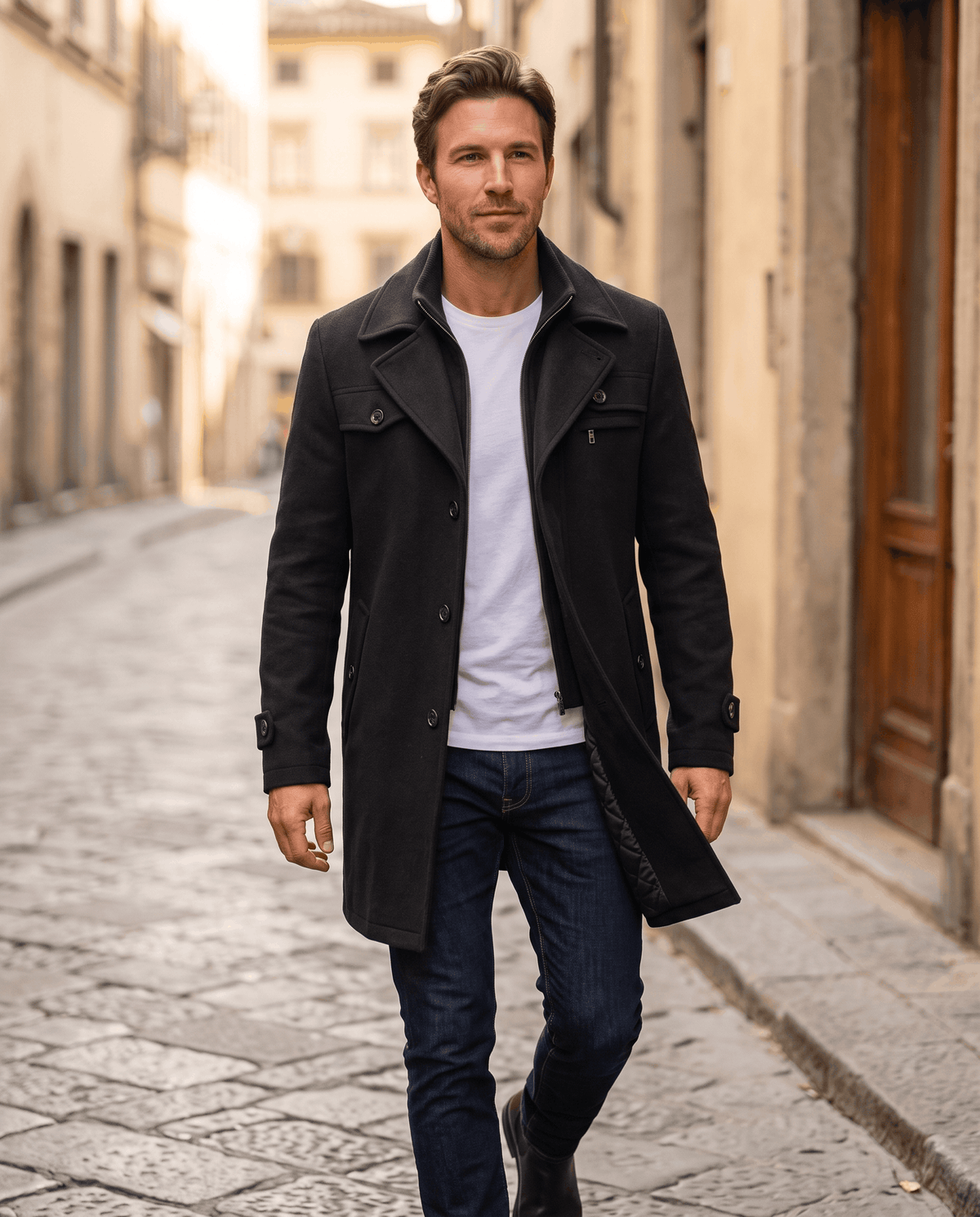 Man walking a cobblestone street in the black overcoat, white tee and jeans