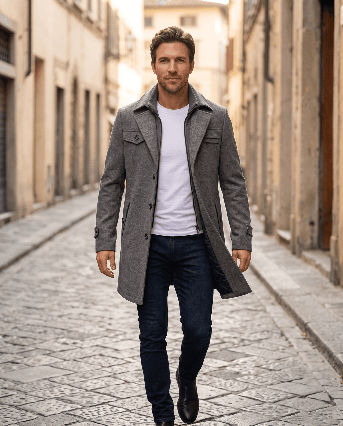 Man walking a cobblestone street in the gray overcoat, white tee and jeans
