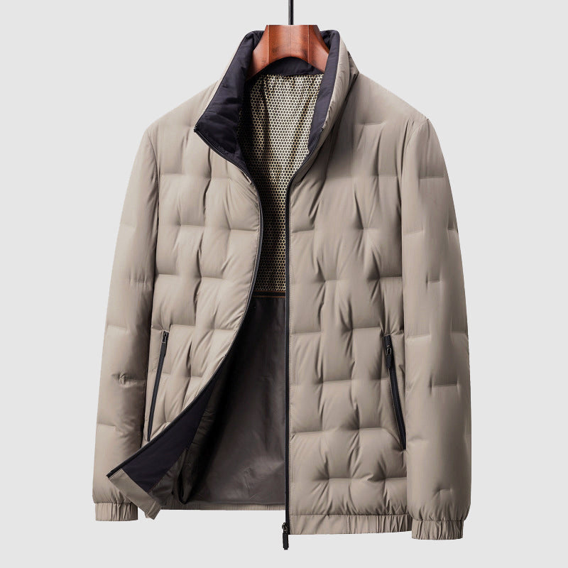 Beige Sutton quilted down jacket on a hanger, open to show the dark inner lining