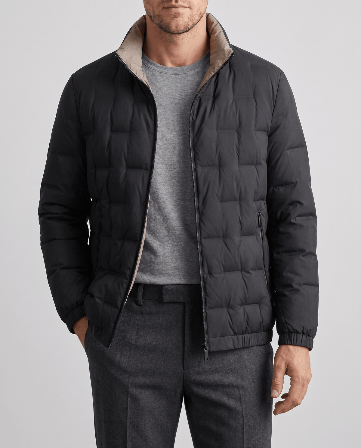 Black Sutton quilted down jacket worn open showing the beige inner collar and lining