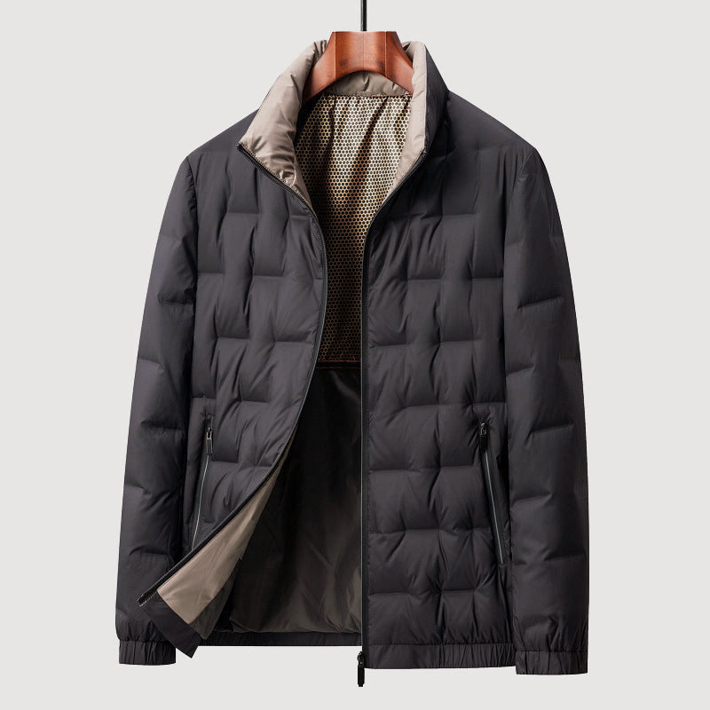 Black Sutton quilted down jacket on a hanger, open to show the beige inner lining