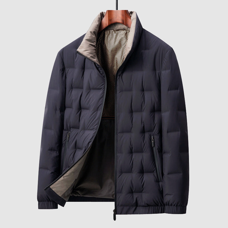 Blue Sutton quilted down jacket on a hanger, open to show the beige inner lining
