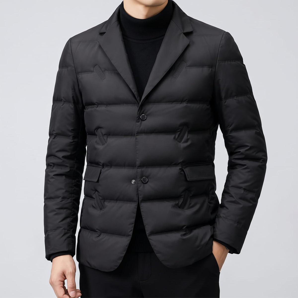 Front detail in black showing the two-button closure and flap hip pockets