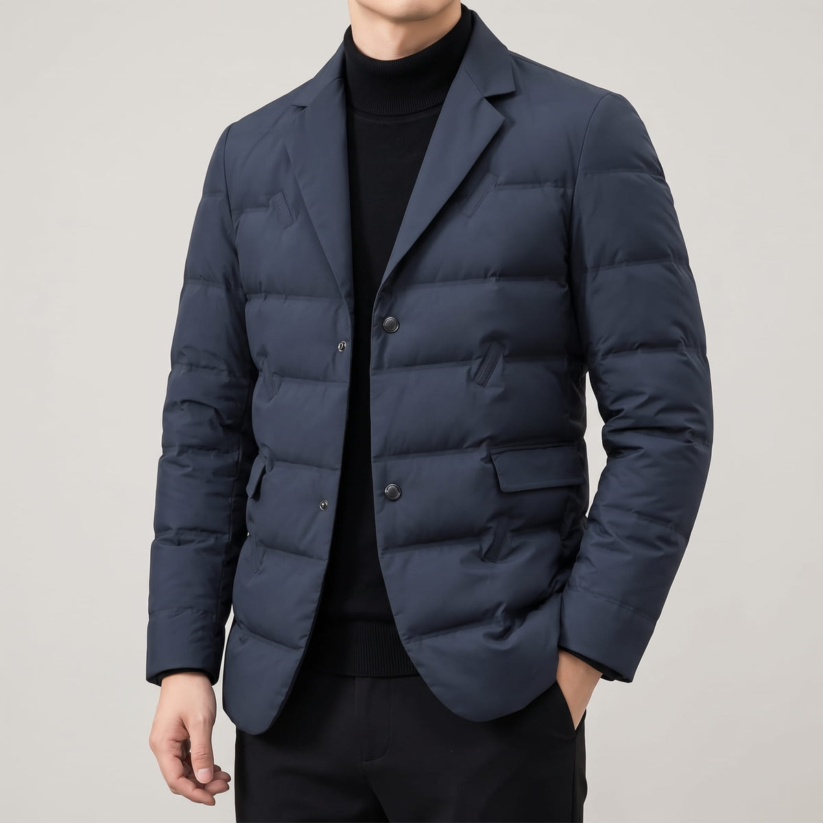 Navy blazer torso showing notch lapels, chest welt pocket and hip flap pocket