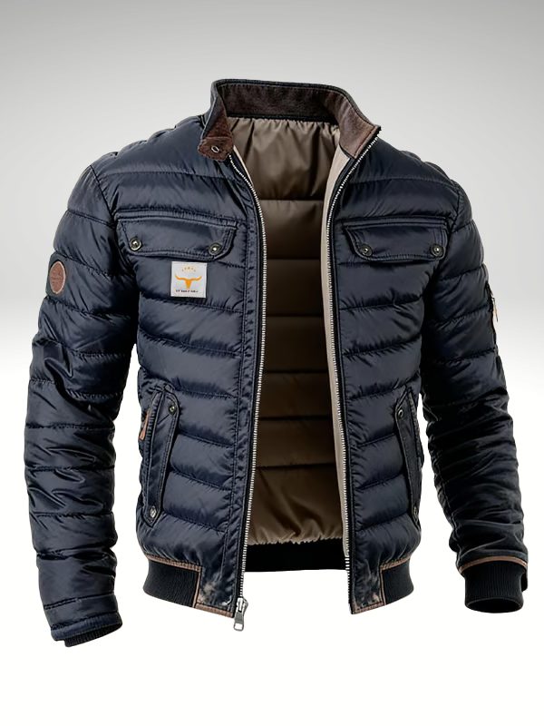 Flat product shot of the jacket unzipped, showing the tan inner lining