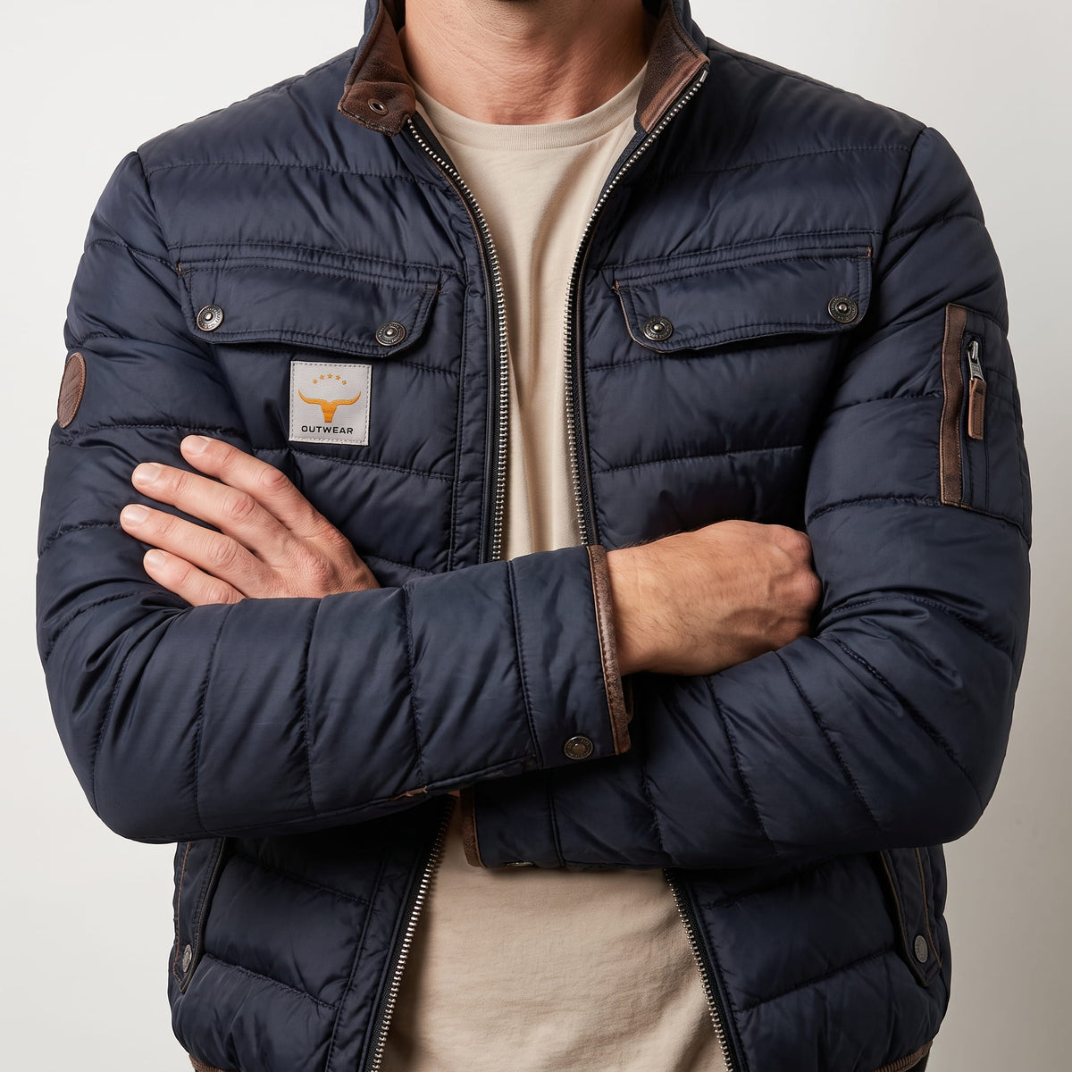 Torso view showing snap-flap chest pockets, chest label and sleeve zip pocket