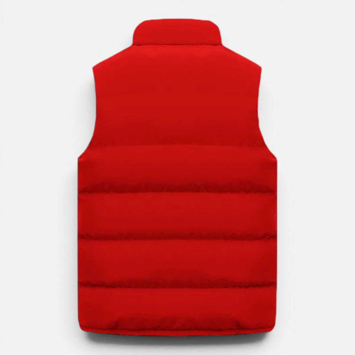 Red quilted vest laid flat, back view showing horizontal quilted panels and high collar