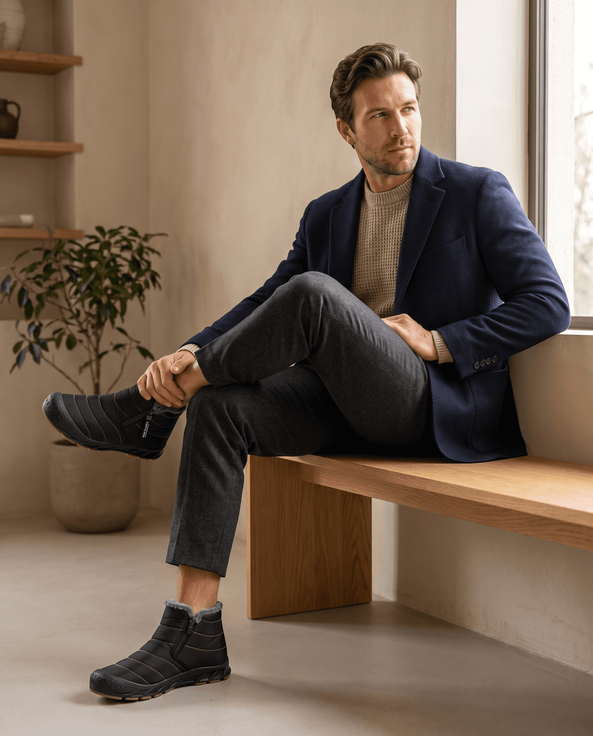 Man seated indoors wearing black insulated boots.