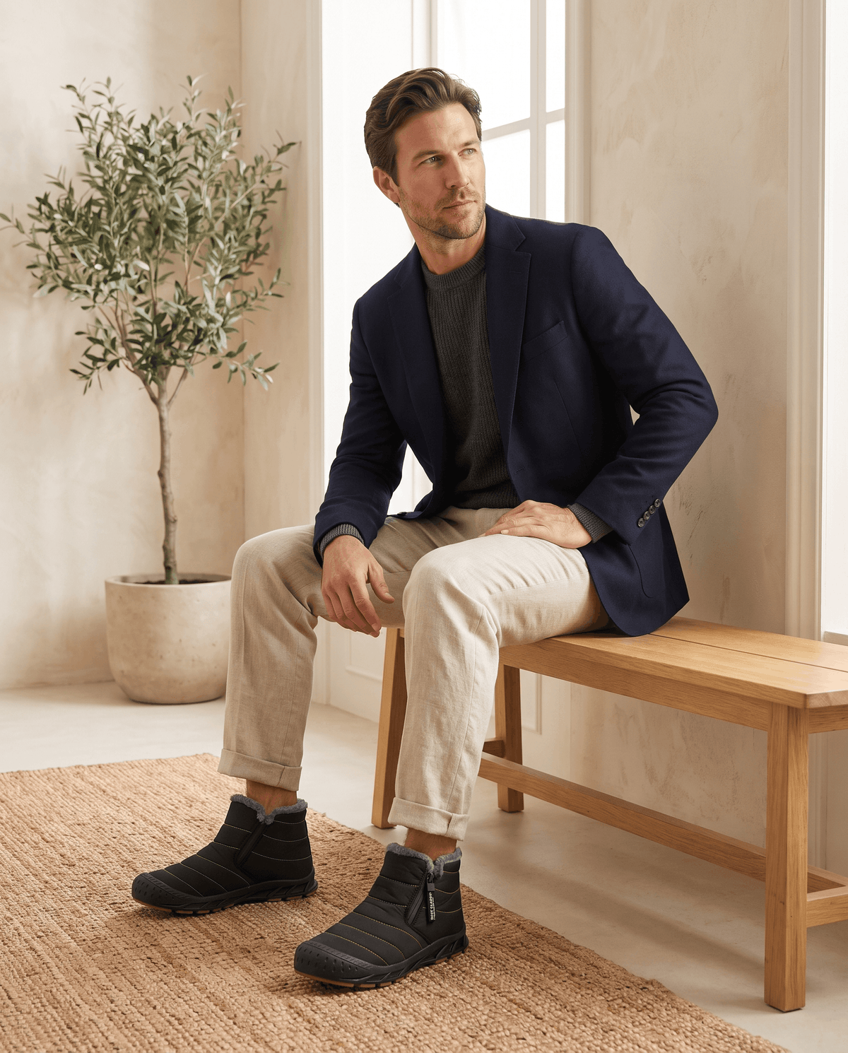 Man seated indoors wearing gray insulated ankle boots.