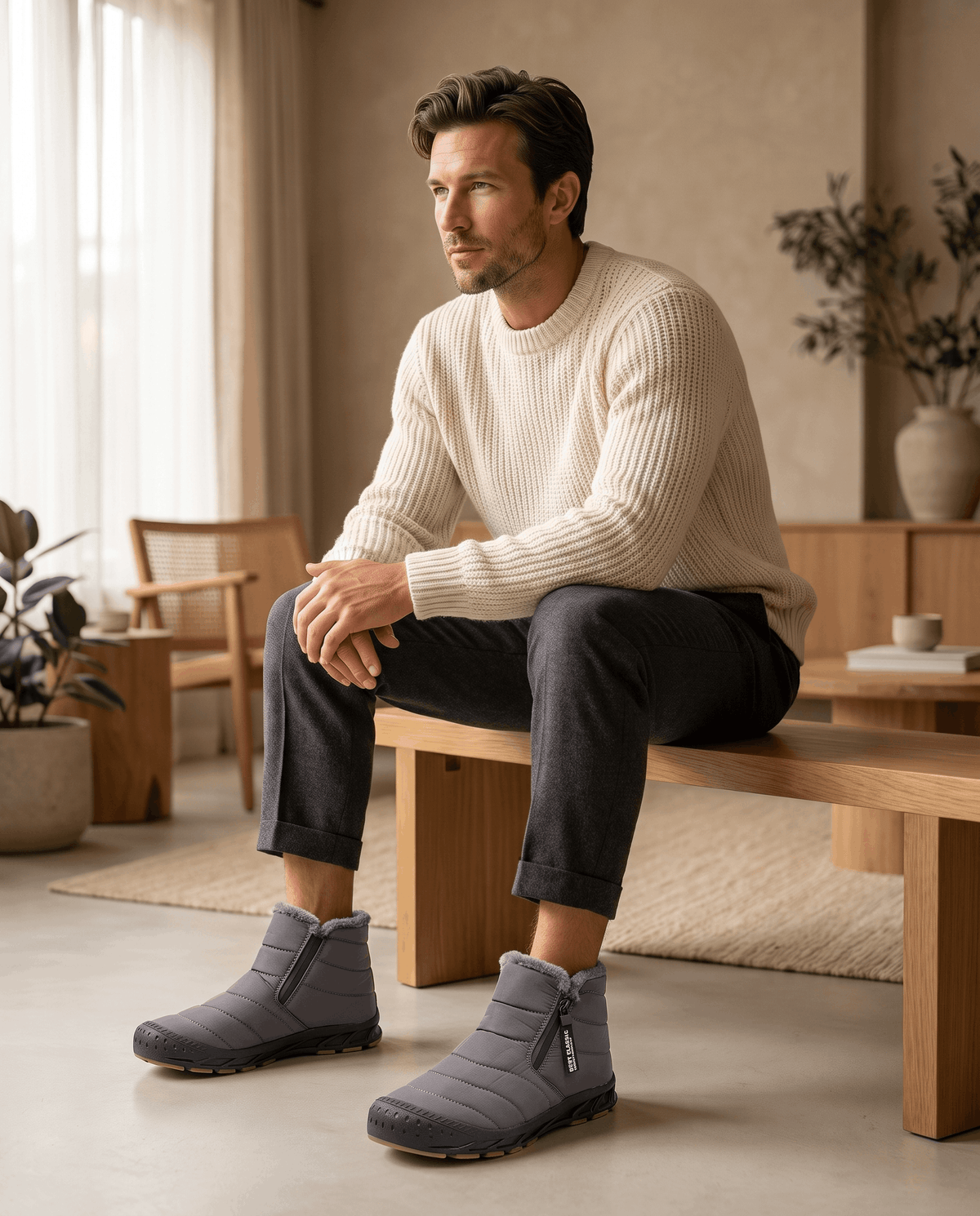 Man seated indoors wearing gray insulated boots.
