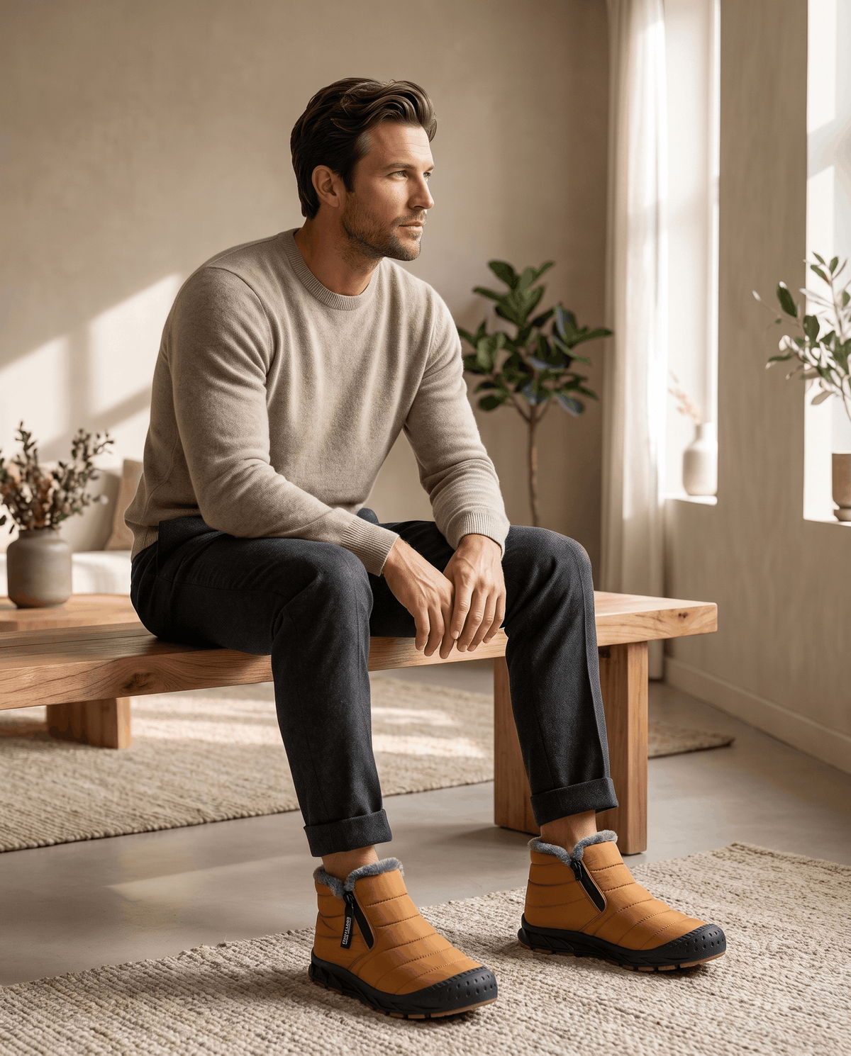 Man seated indoors wearing orange insulated boots.