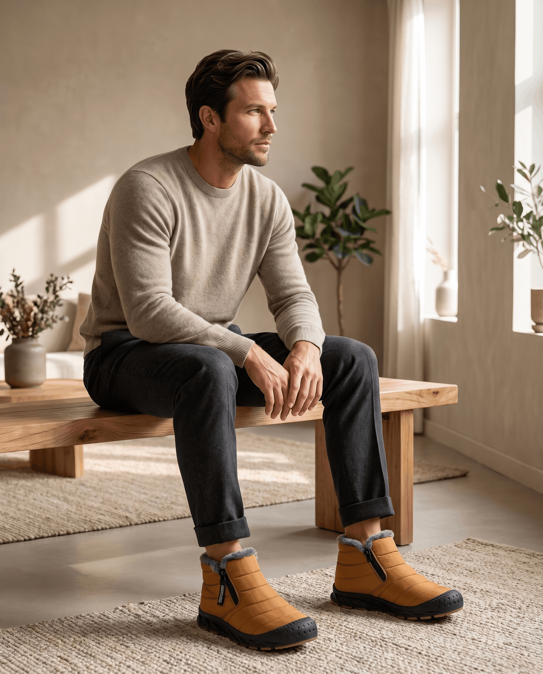 Man seated indoors wearing orange insulated boots.