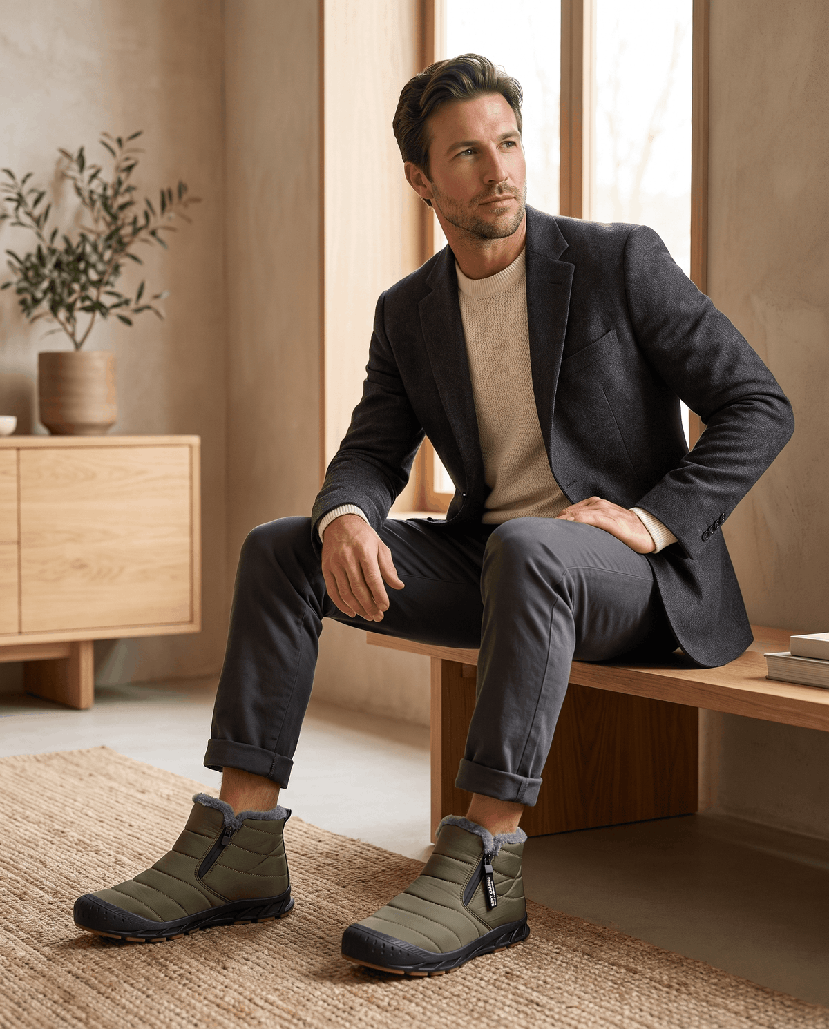 Man seated indoors wearing green insulated boots.