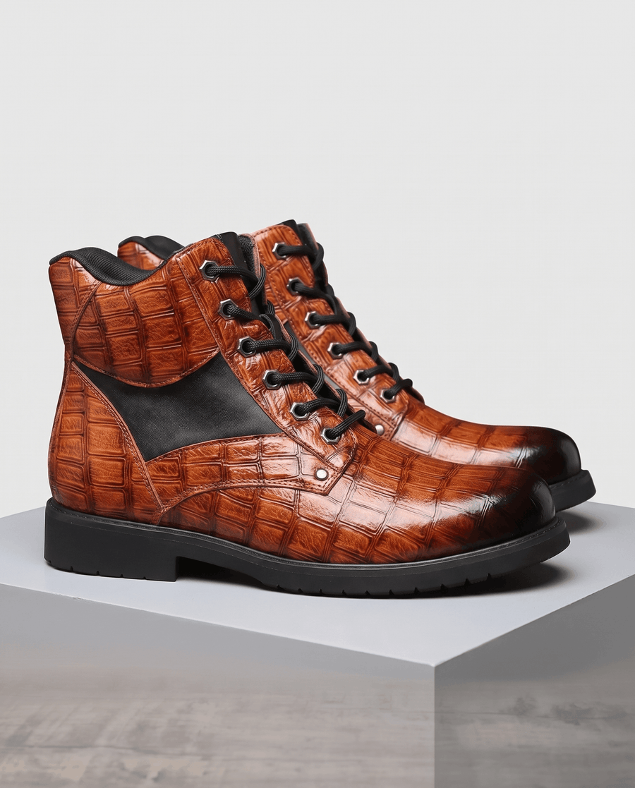Reptile Grain Ankle Boots for Men – Lace-Up, Panel Inset & Lug Sole | Gerald