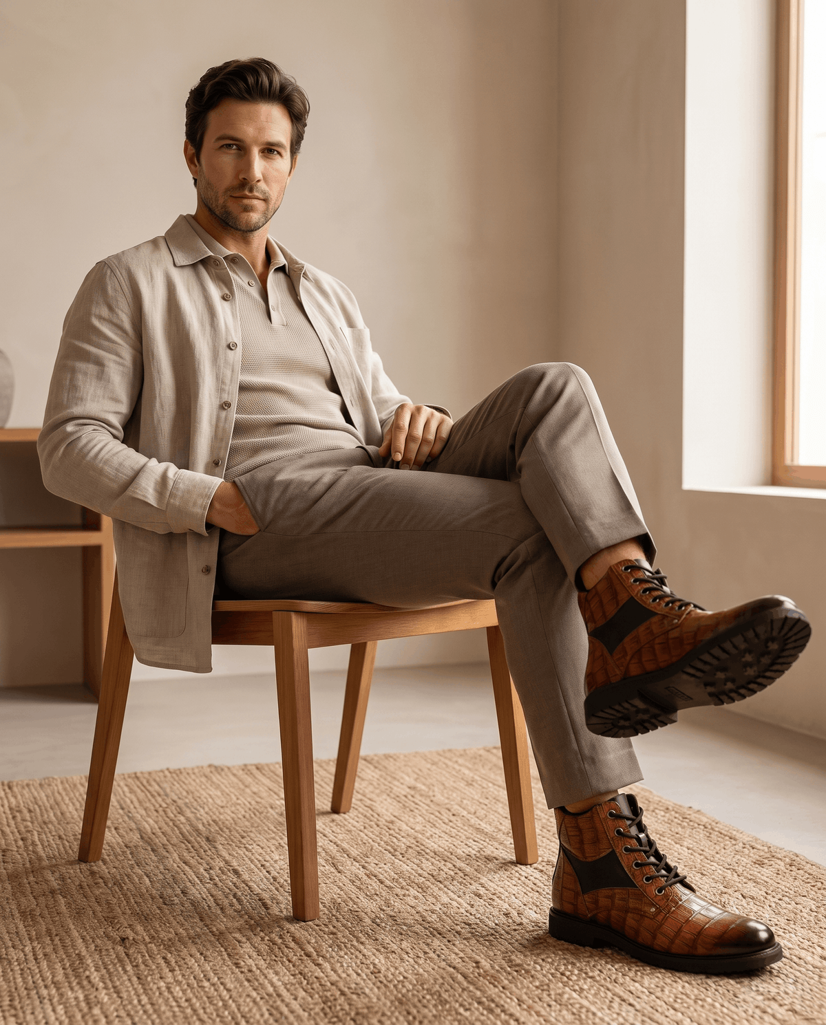 Brown embossed reptile grain leather ankle boots with polished metal eyelets and a chunky black lug outsole.