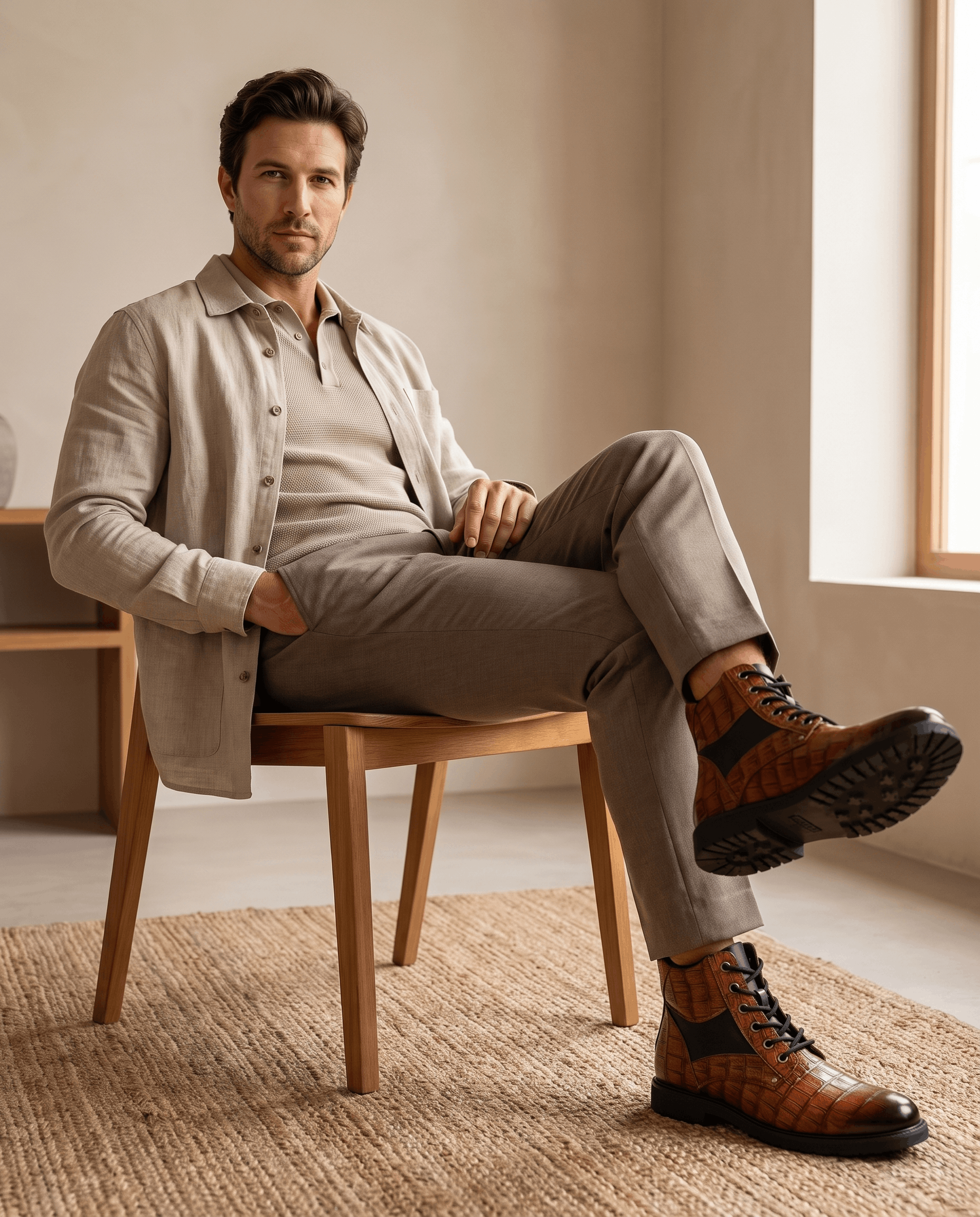 Brown embossed reptile grain leather ankle boots with polished metal eyelets and a chunky black lug outsole.