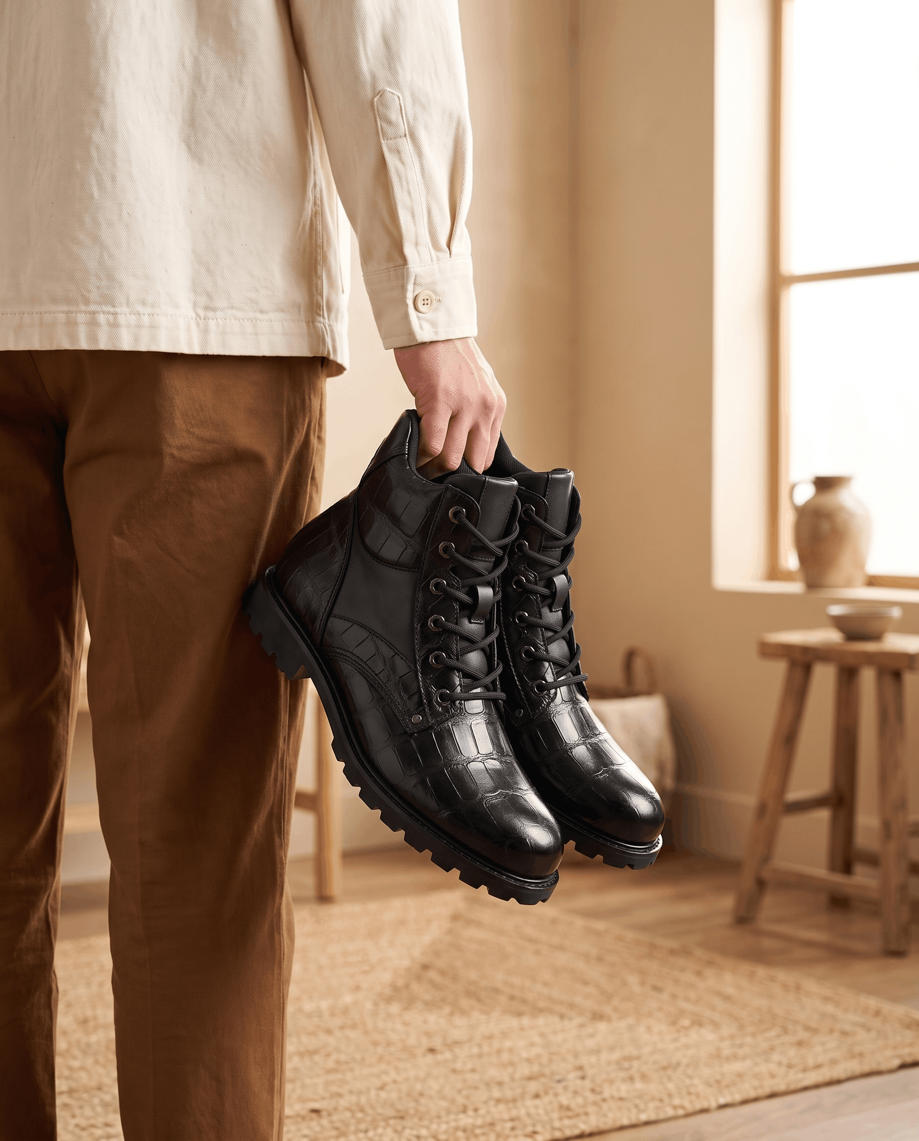 Black leather ankle boots with embossed reptile grain, polished metal eyelets, and a chunky lug outsole held by hand.
